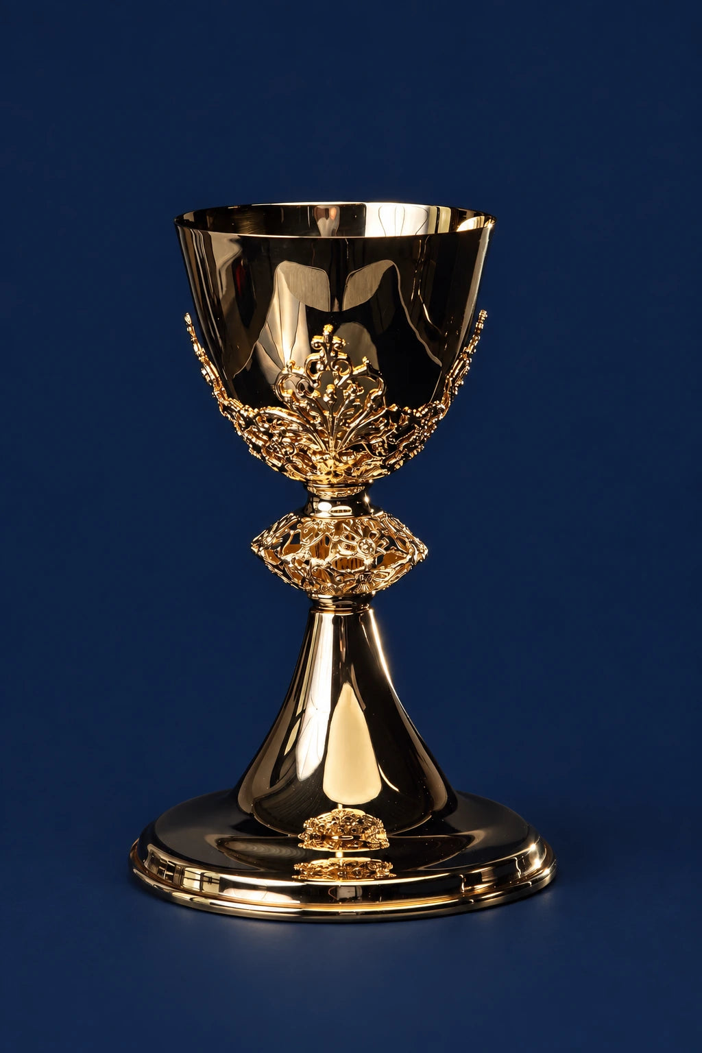 Handcrafted Gold-Plated Brass Chalice with Botanical Ornaments, 7.5 in (19 cm), full front view
