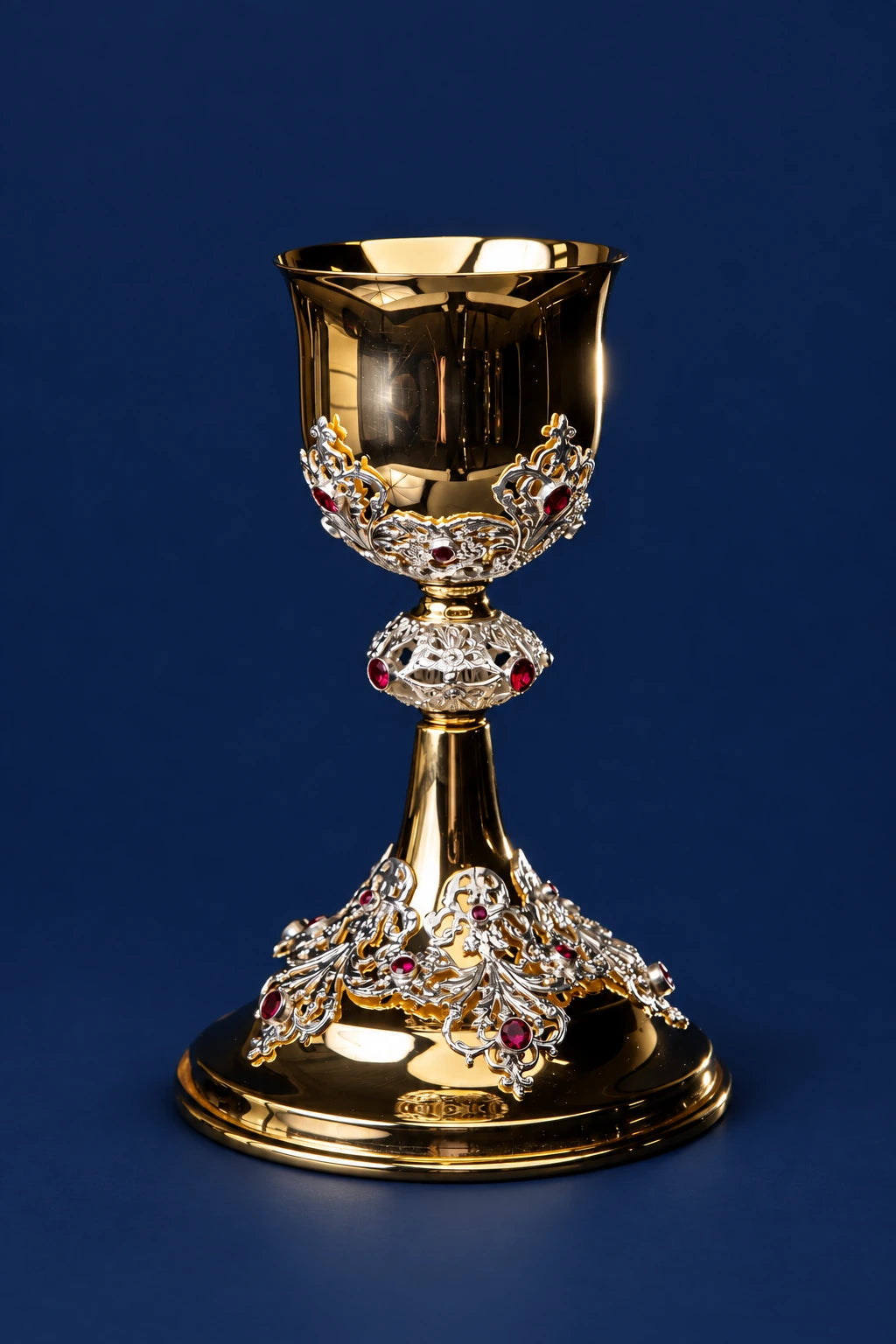 Handcrafted Gold-Plated Chalice with Decorative Rubies, full front view with ornate silver and gold details