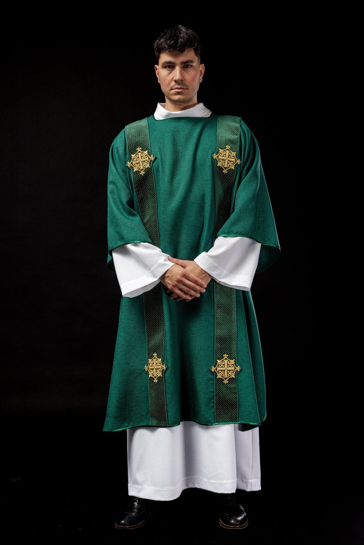 Green velvet dalmatic, full front view with paired embroidered orphreys