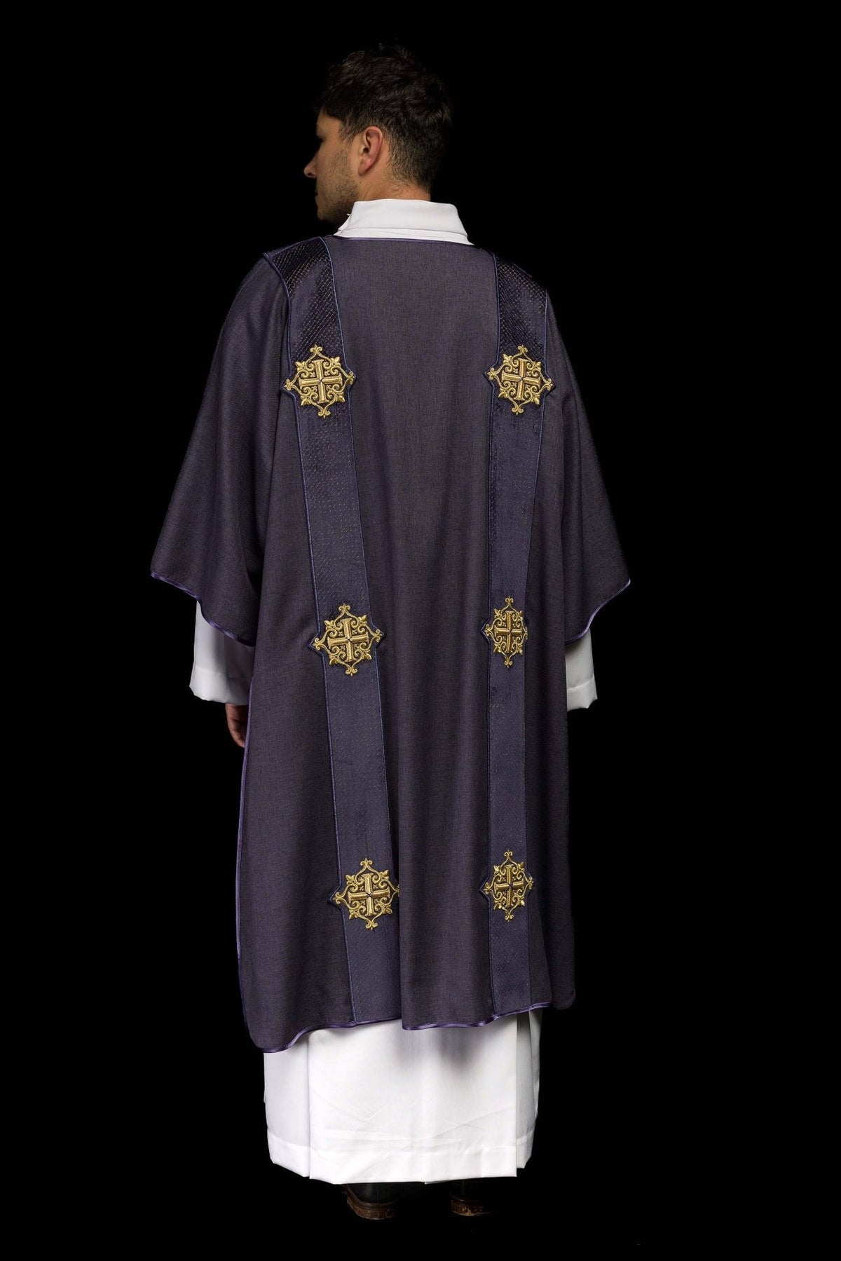 Purple velvet dalmatic full back view with embroidered cross symbols