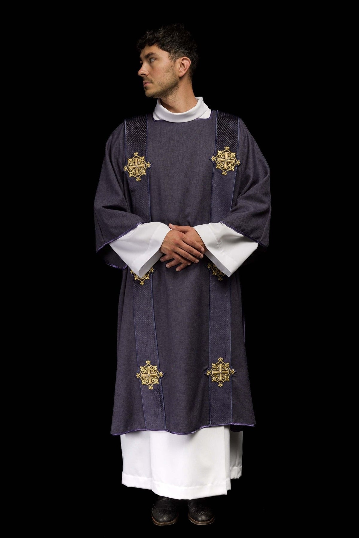 Purple velvet dalmatic front view with orphreys and gold embroidery