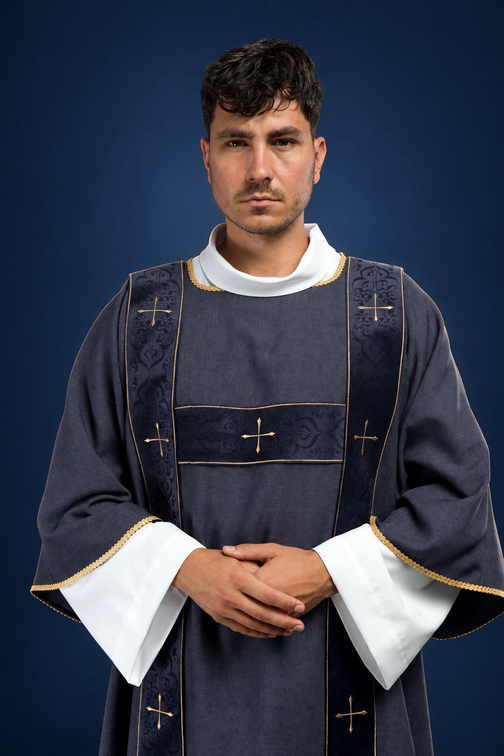 Purple Dalmatic with Velvet Orphreys and Embroidered Gold Crosses, front view worn
