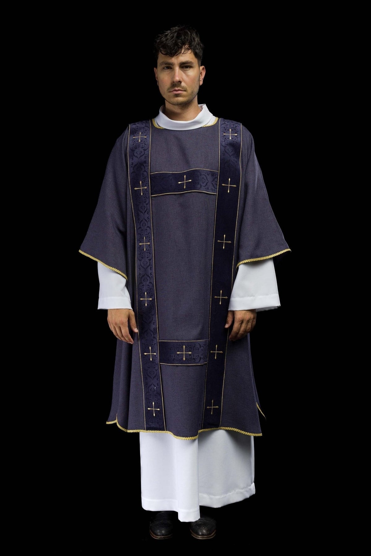 Purple dalmatic front view with velvet orphreys and gold cross embroidery