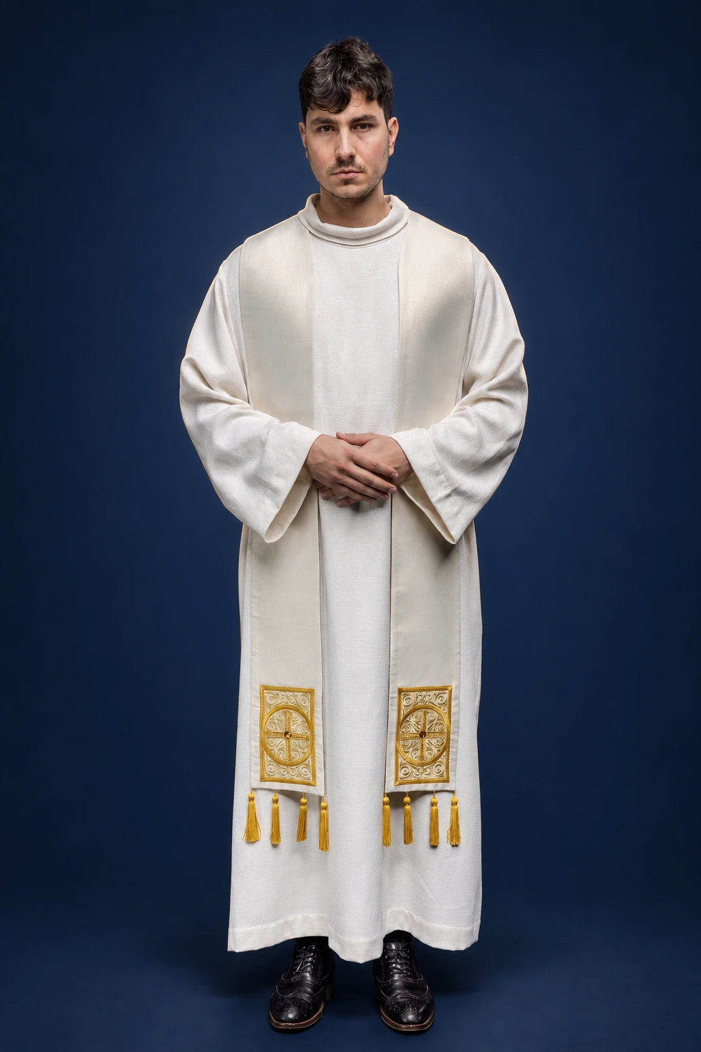 Catholic Priest Stole with Cross Embroidery and Tassels, white front view with gold embroidered crosses and tassels