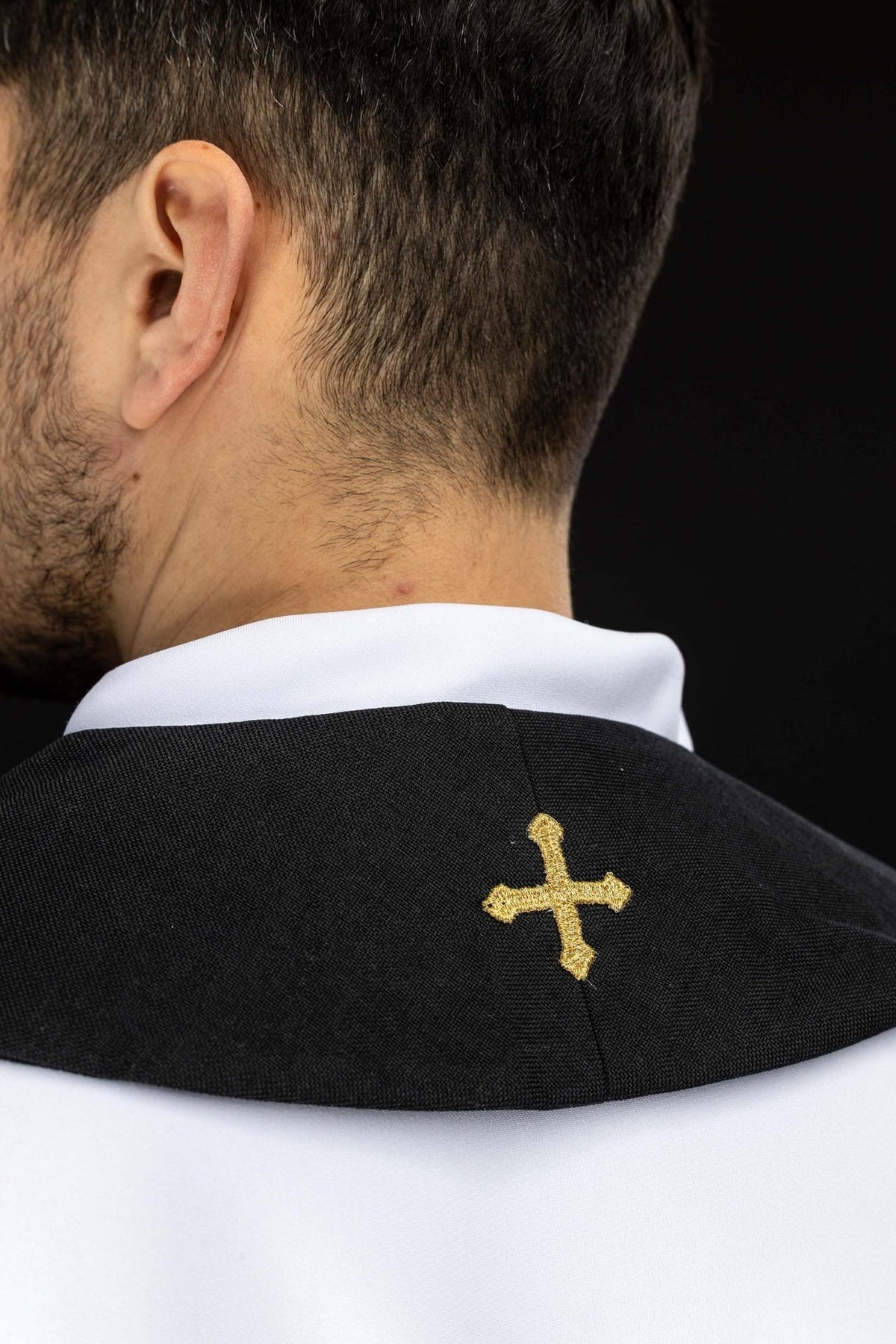 Black velvet priest stole back view with small gold cross