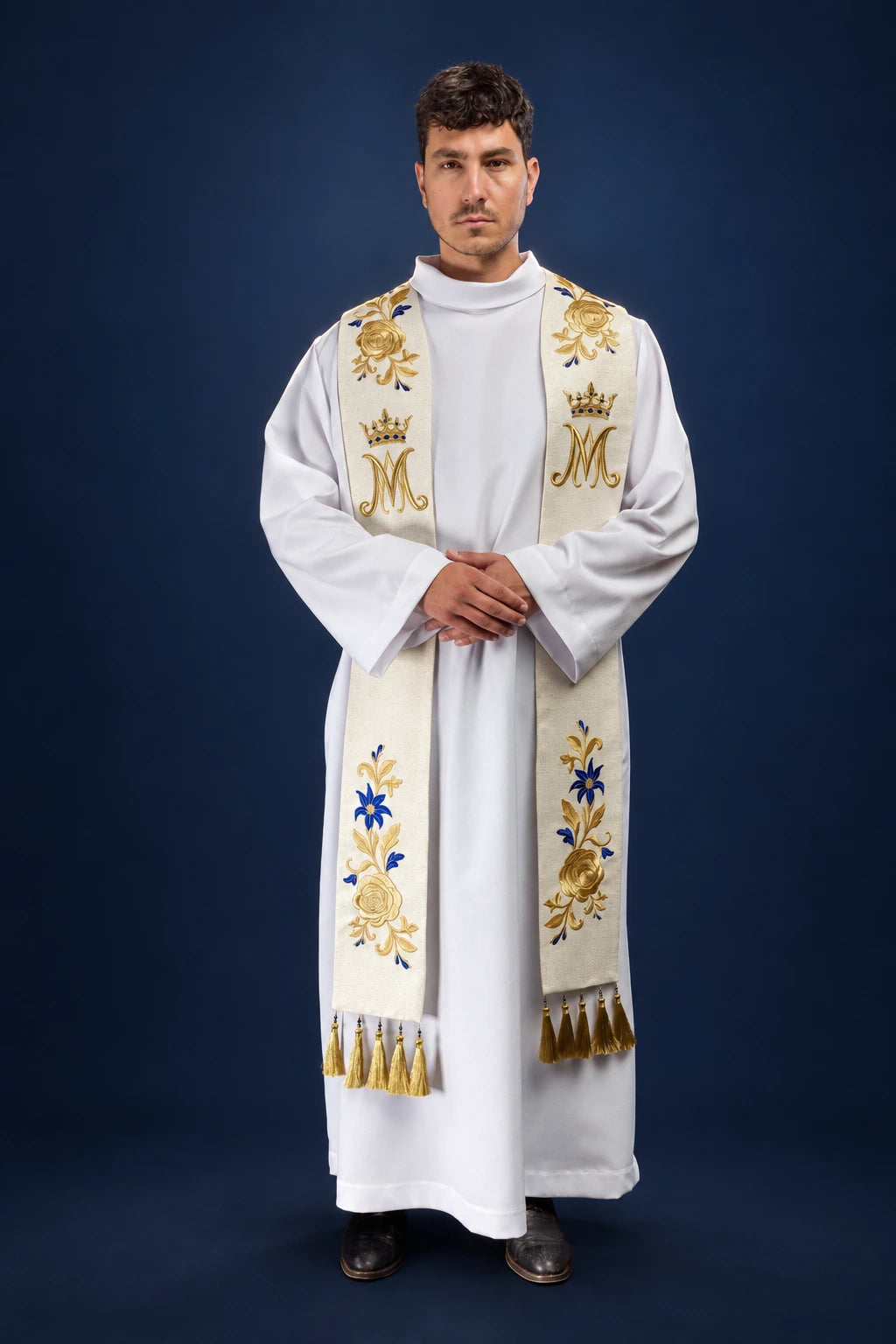 Embroidered Stole with Marian Symbol worn, ecru with gold and blue embroidery and gold tassels