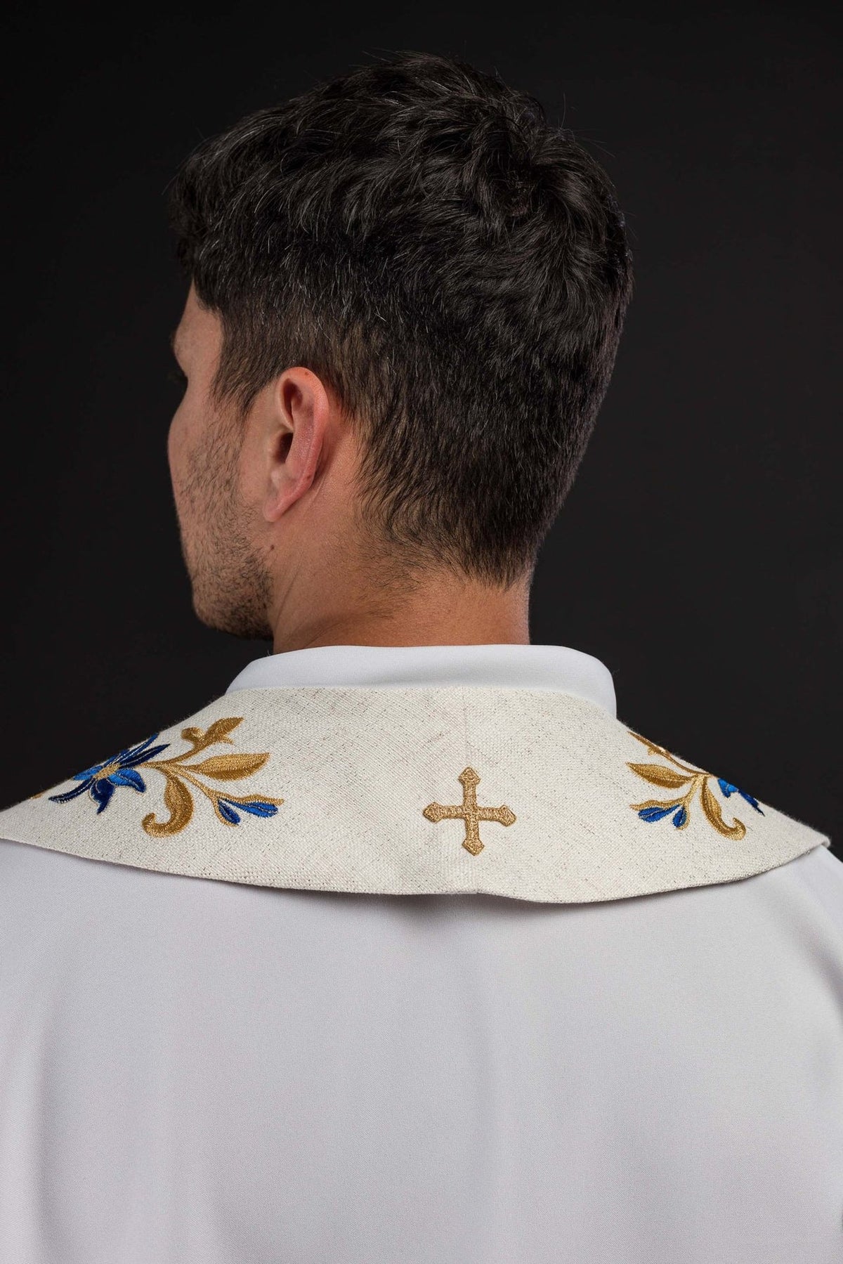 Embroidered stole end with floral embroidery and gold tassel fringe