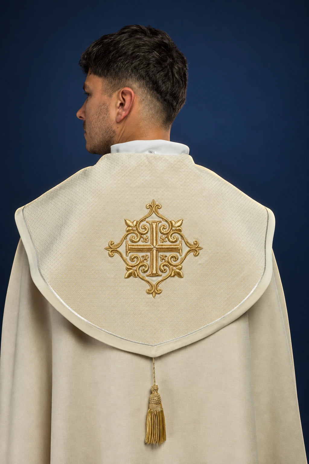 Cope with Ecru Velvet Orphrey and Cross Embroidery, back view with gold cross embroidery and tassel