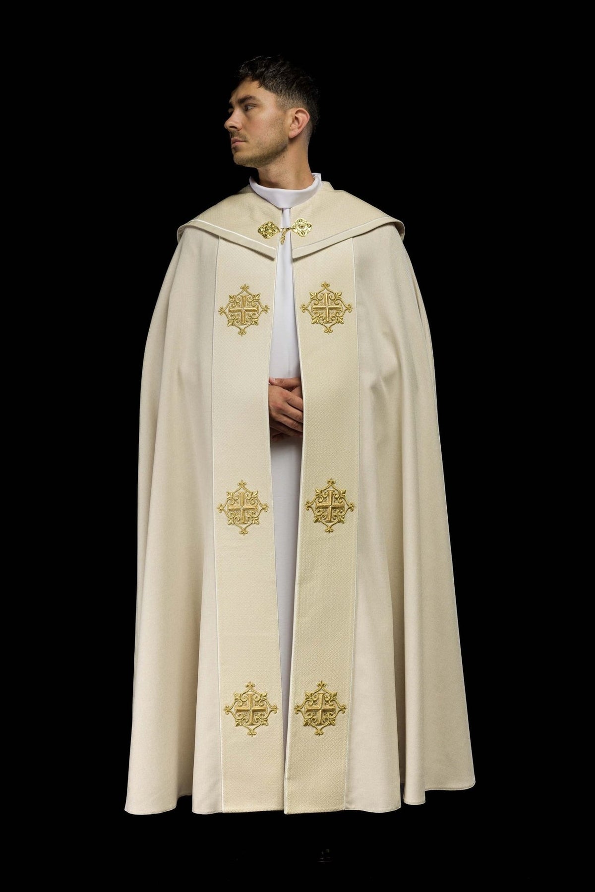 Ecru cope front view with velvet orphrey and repeated gold cross embroidery