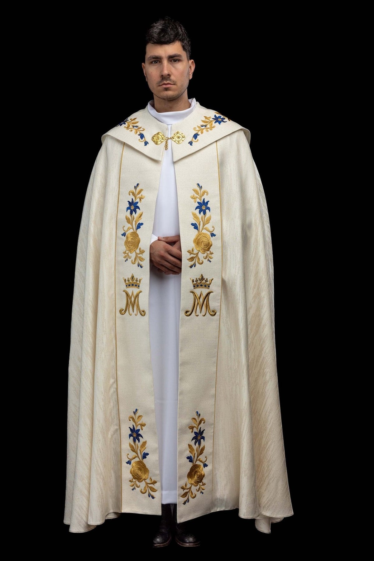 Ecru embroidered cope with Marian symbol, front view with gold and blue floral embroidery
