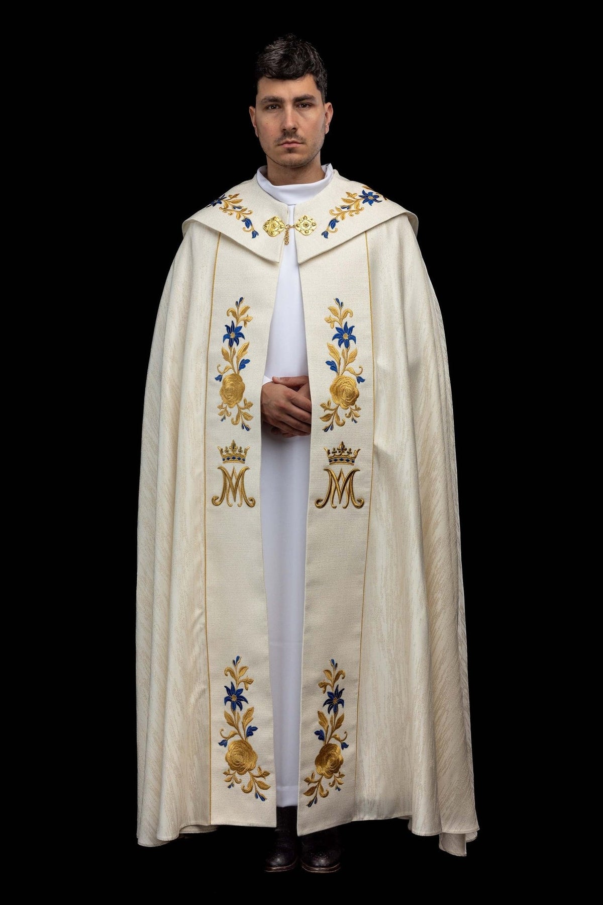 Ecru cope front view with embroidered gold and blue floral orphrey