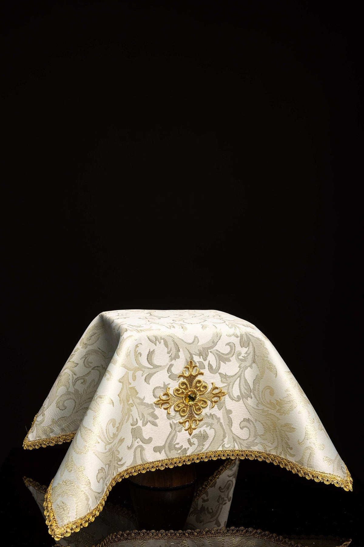 Embroidered chalice veil with cross motif and ecru stone, full front view with gold trim