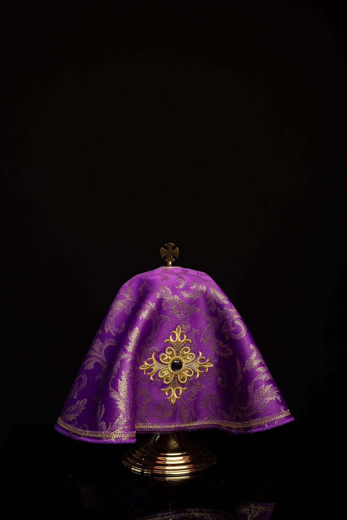 Purple ciborium veil full front view with gold embroidered motif and cross finial