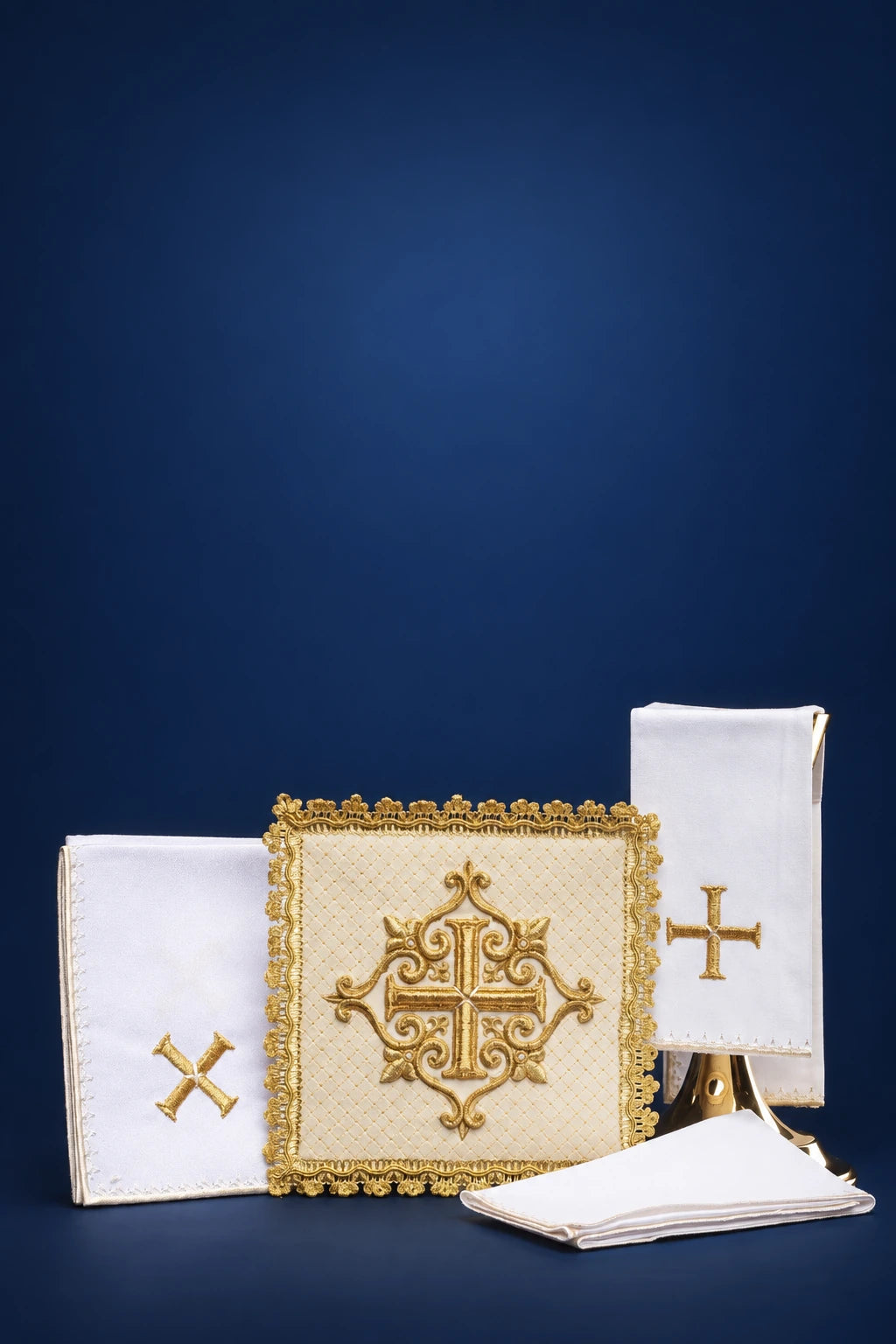 Ecru Velvet Altar Linen Set with Embroidered Cross, front view showing linens with gold crosses