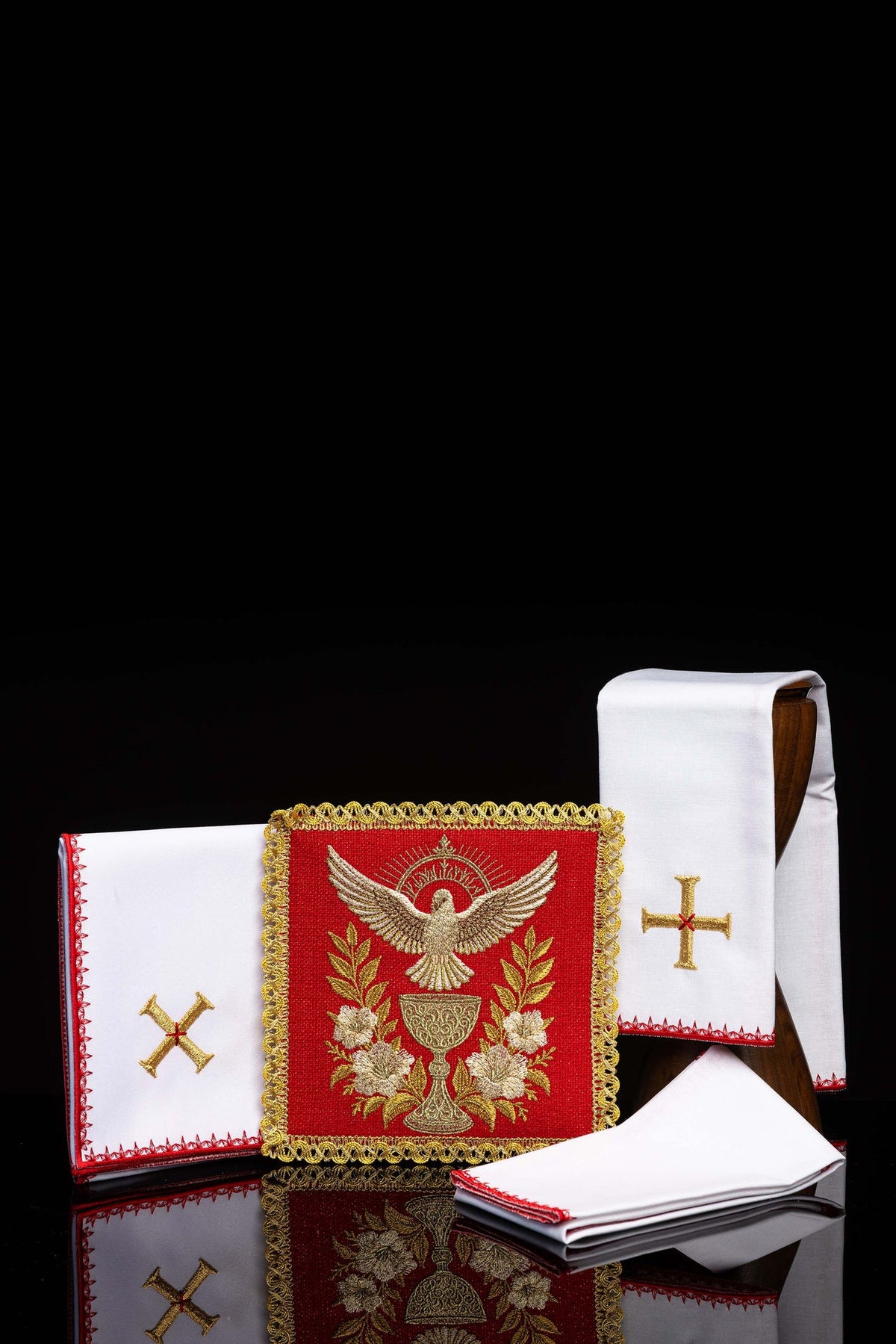 Red Embroidered Altar Linen Set with Holy Spirit Symbol, full set displayed