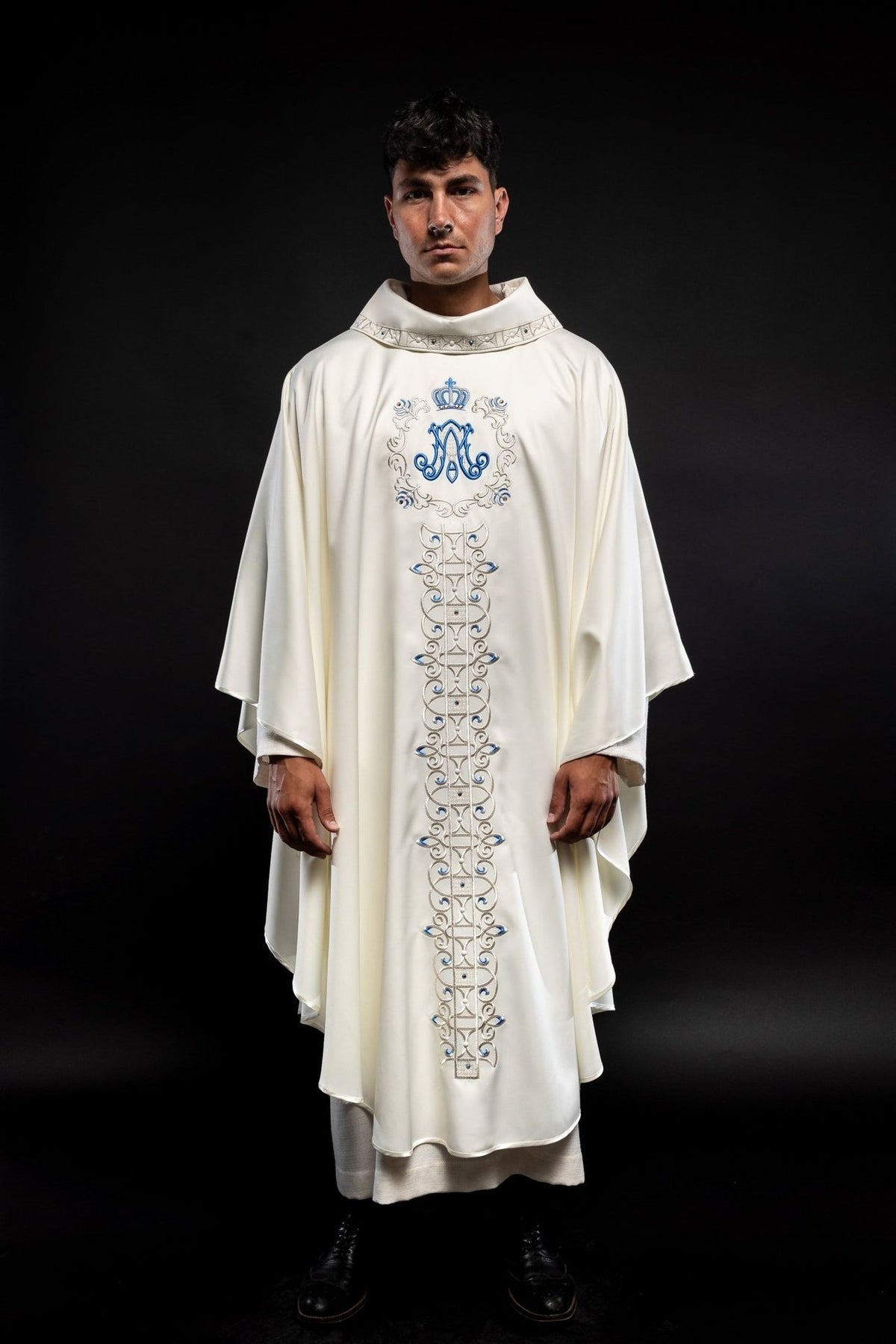 White Marian chasuble full front view with blue and silver embroidered orphrey