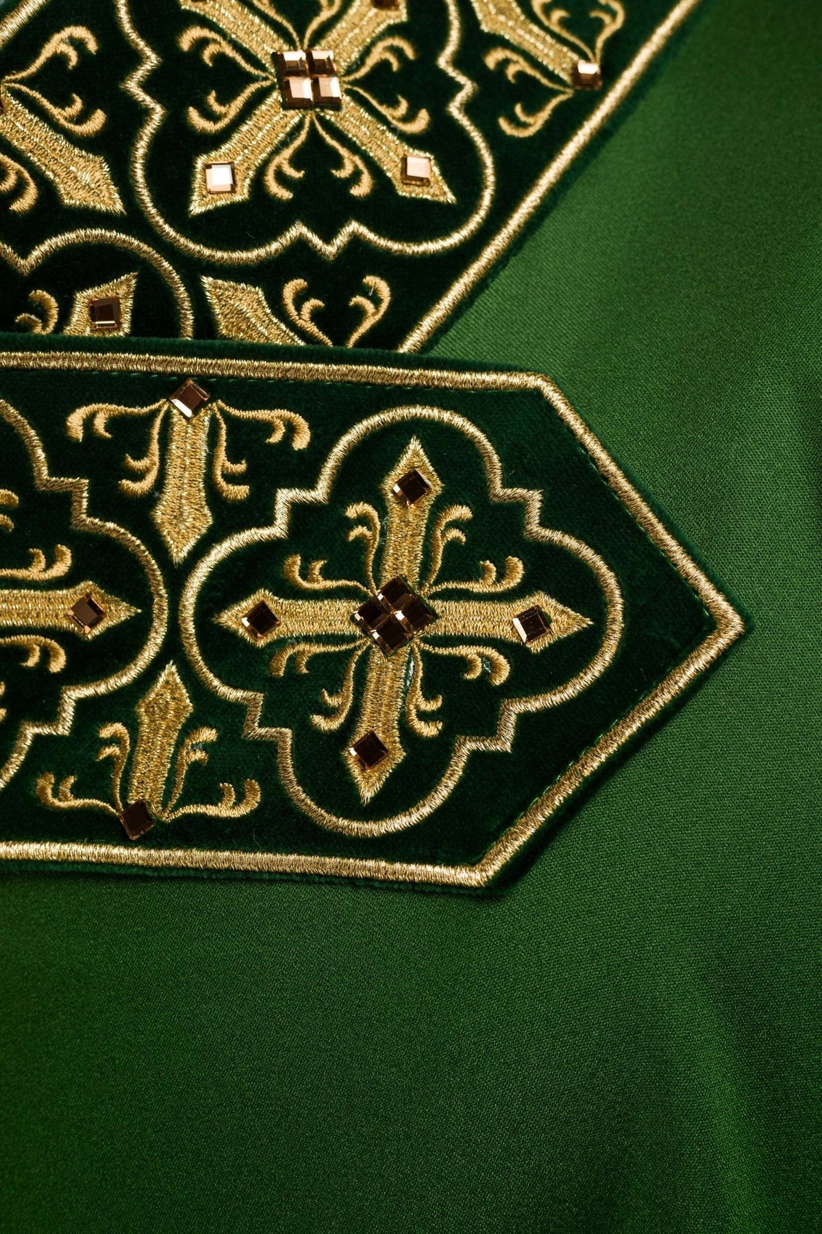Green chasuble, close-up of front cross and embroidered orphrey with stones