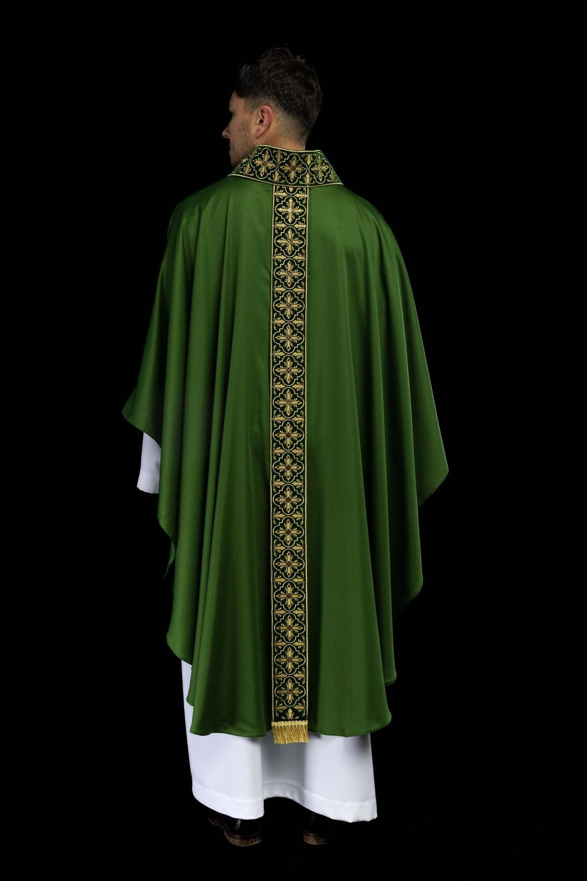 Green chasuble, full back view with long embroidered orphrey