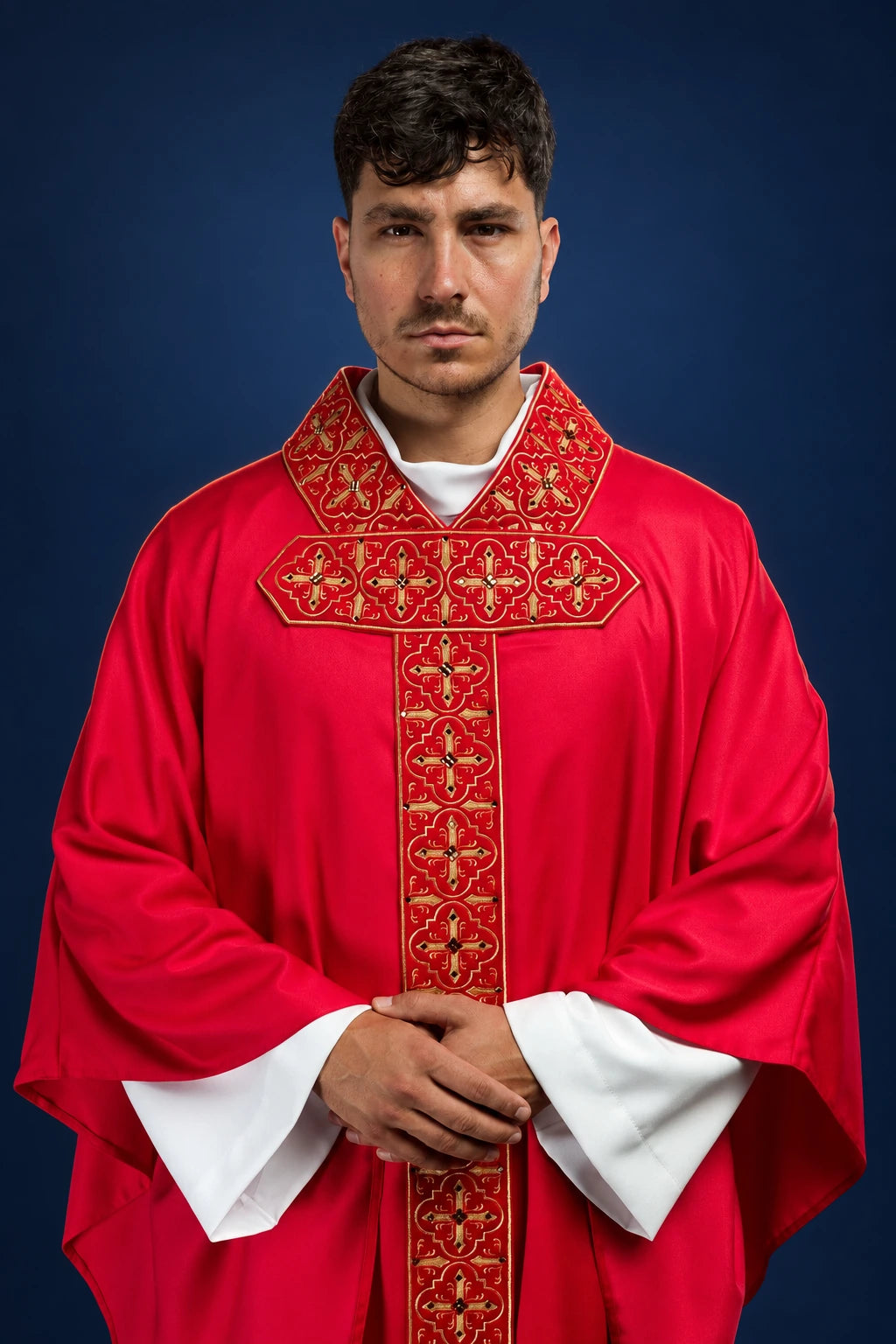 Richly Embroidered Red Chasuble with Faceted Stones, front view with gold cross orphrey and trim