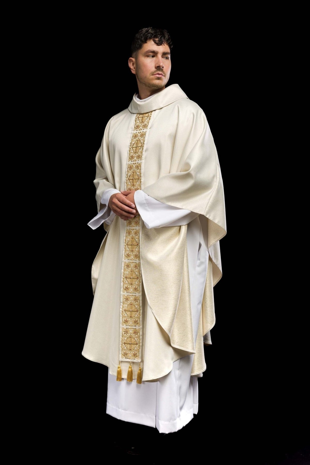 Chasuble three-quarter view showing the stand-up collar, inner stole and embroidered gold orphrey