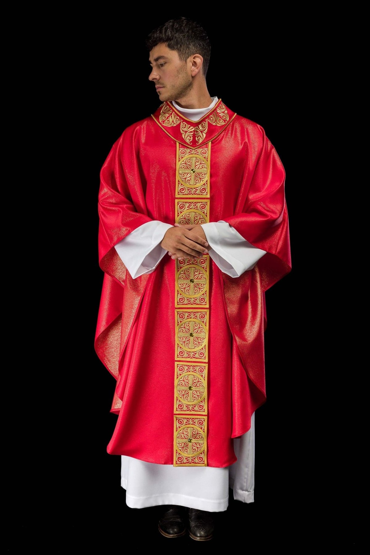 Red chasuble front view with embroidered gold orphrey and faceted stones