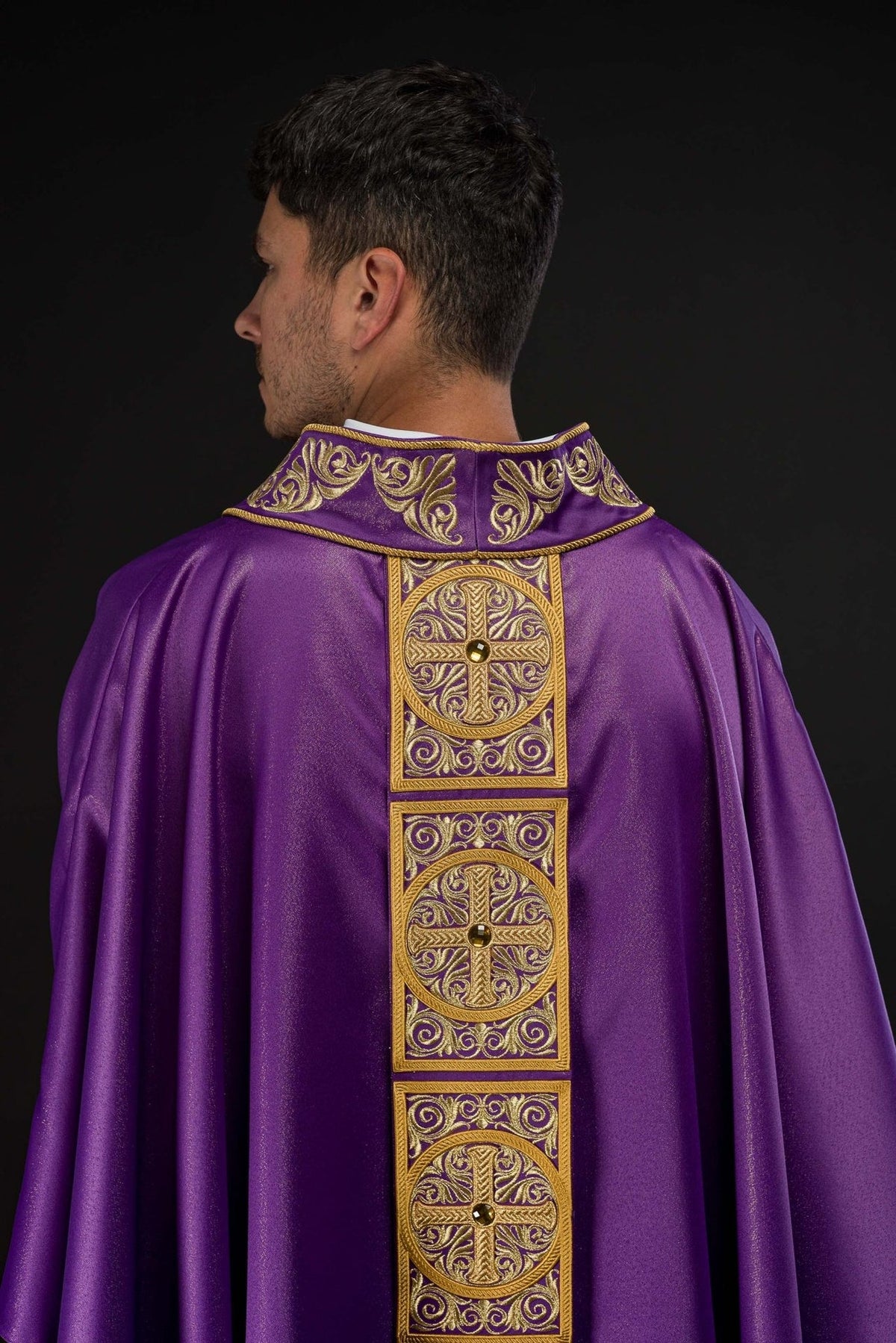 Purple chasuble back view with embroidered orphrey and stand-up collar