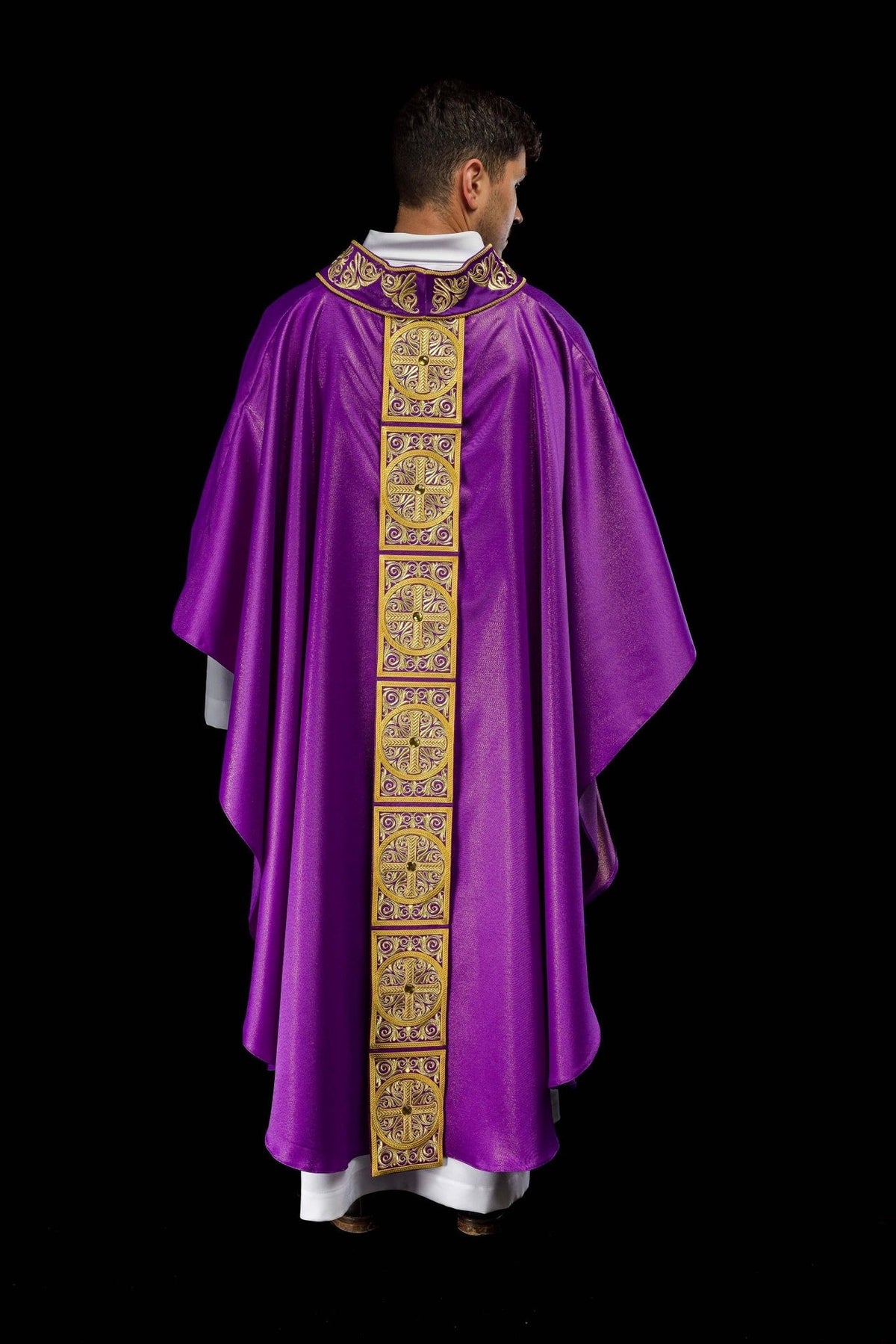 Purple chasuble full back view with embroidered orphrey and cross motifs