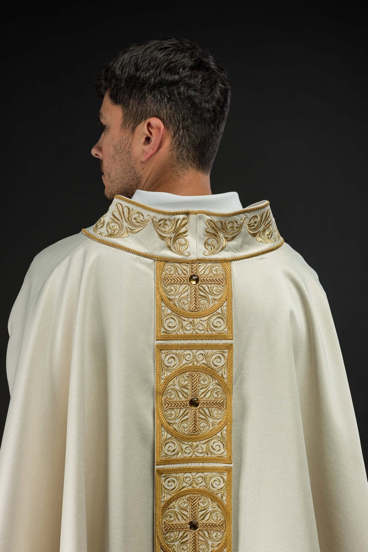 Gold chasuble orphrey with embroidered crosses and faceted stones