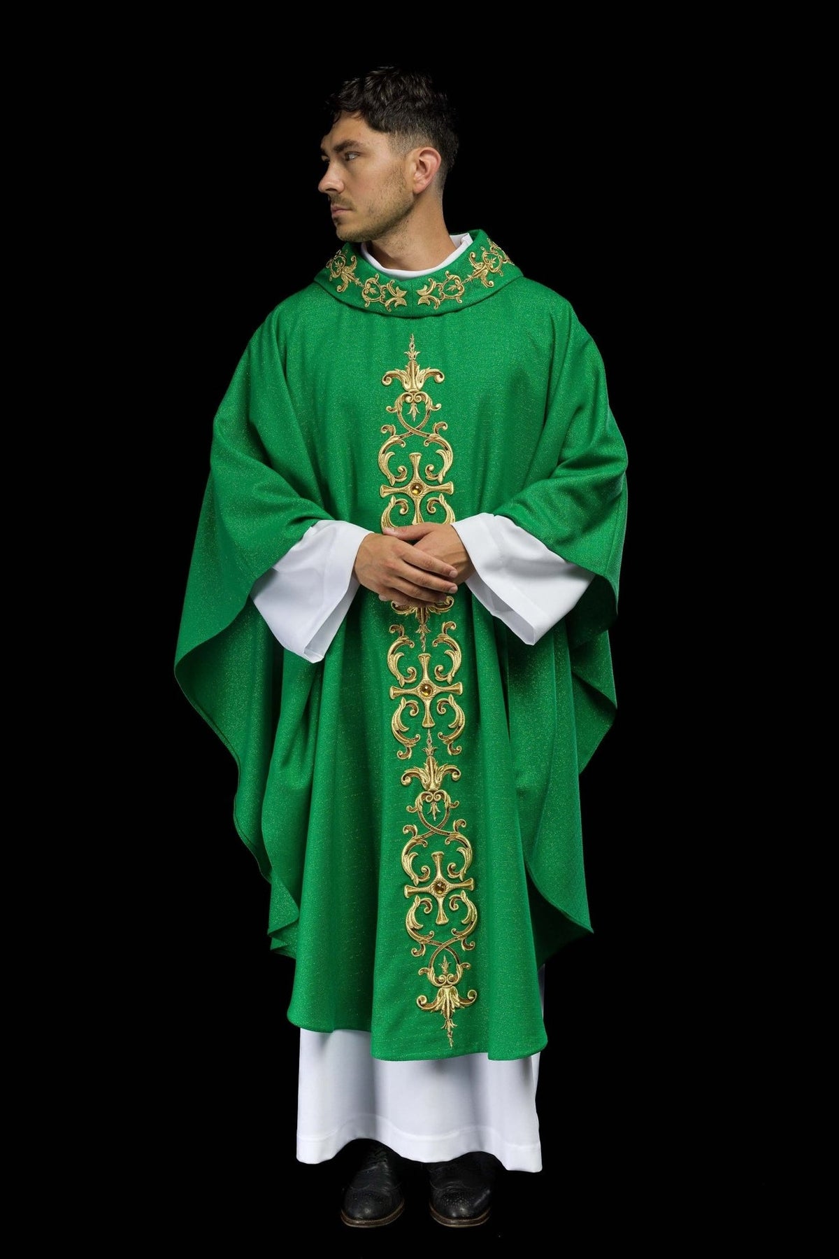 Green chasuble front view with long gold embroidered cross motif