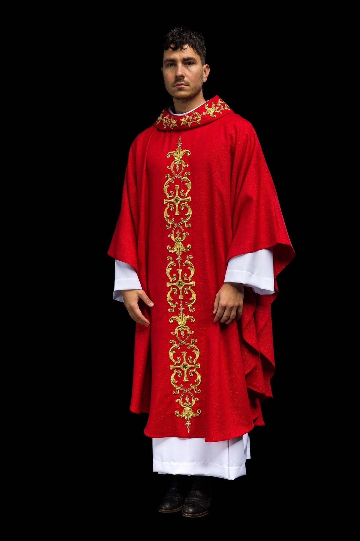 Red chasuble, full front view with long gold embroidery and cross motifs