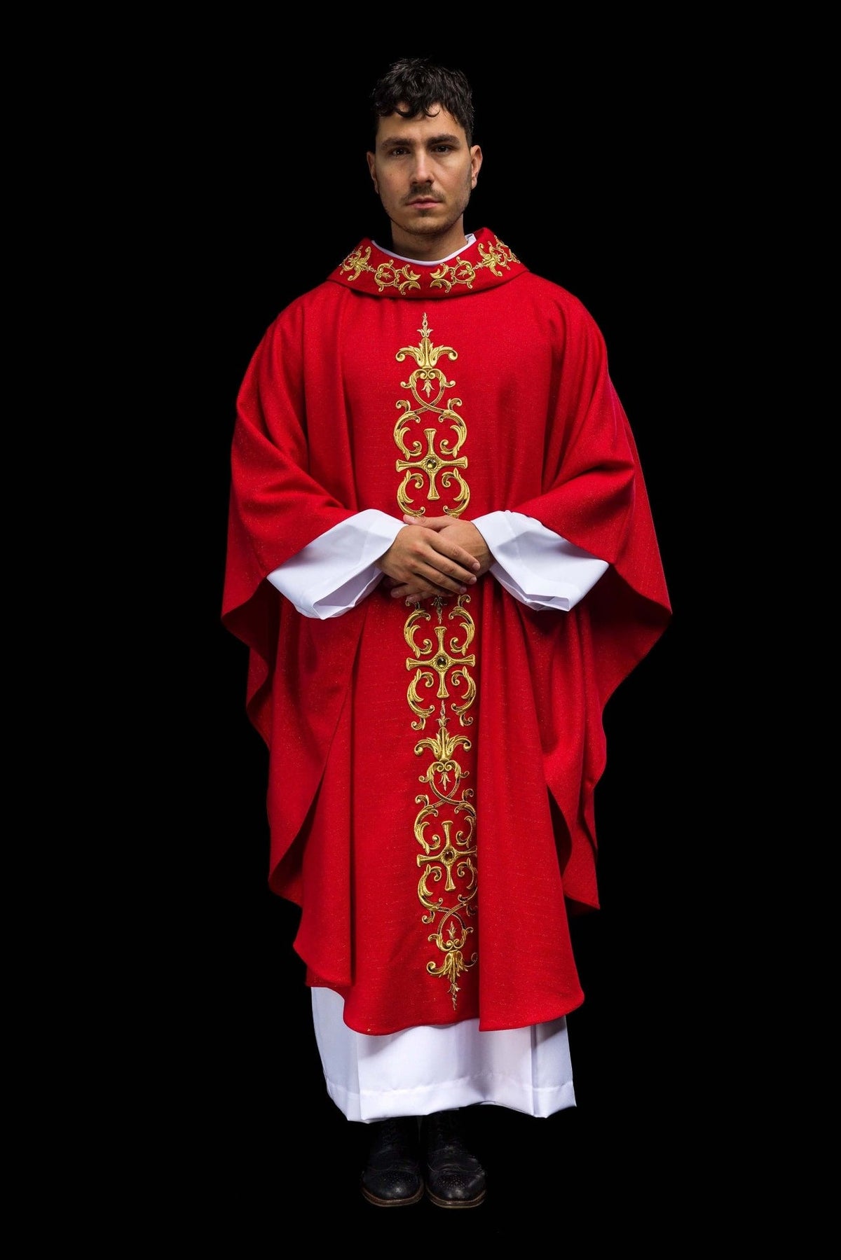 Red chasuble front view with gold embroidery and stand-up collar