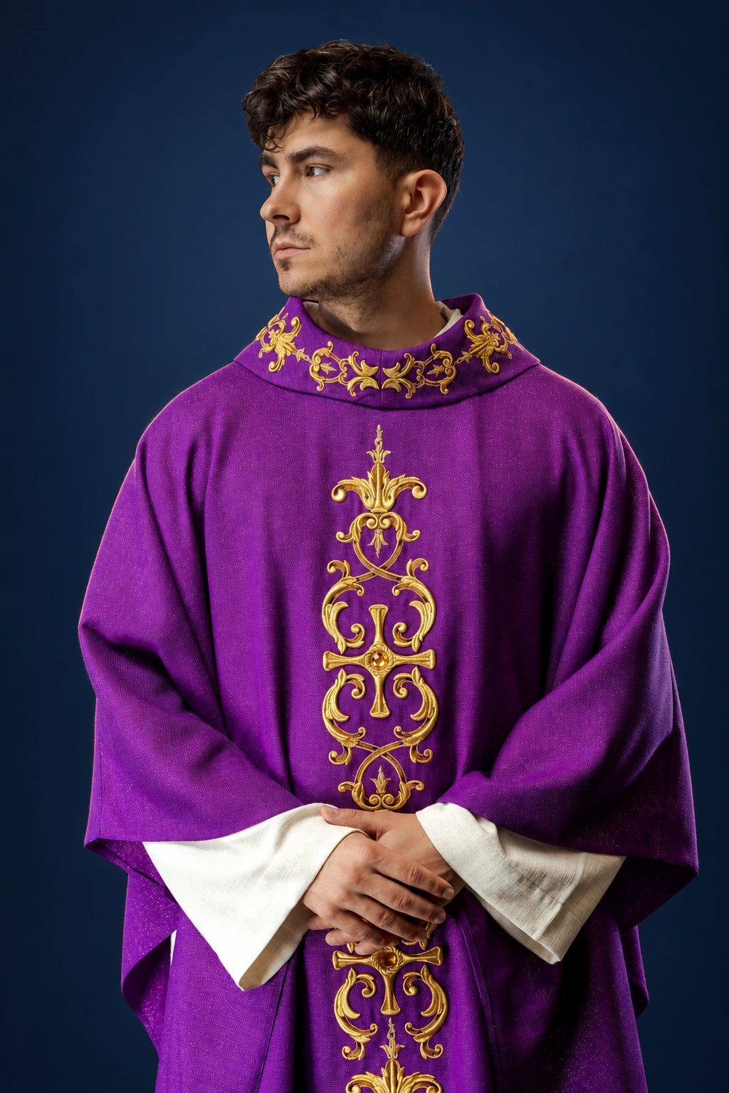 Purple Chasuble with Rich Embroidery and Stones, front view with gold embroidery and cross