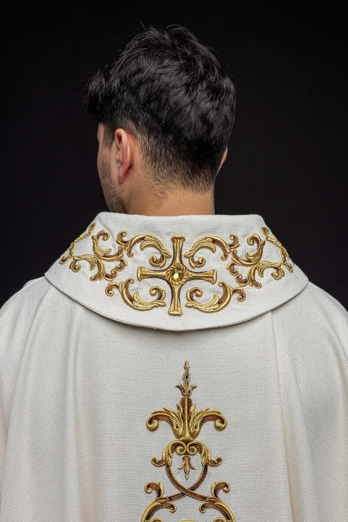 Catholic chasuble, back close-up showing the gold embroidered collar cross