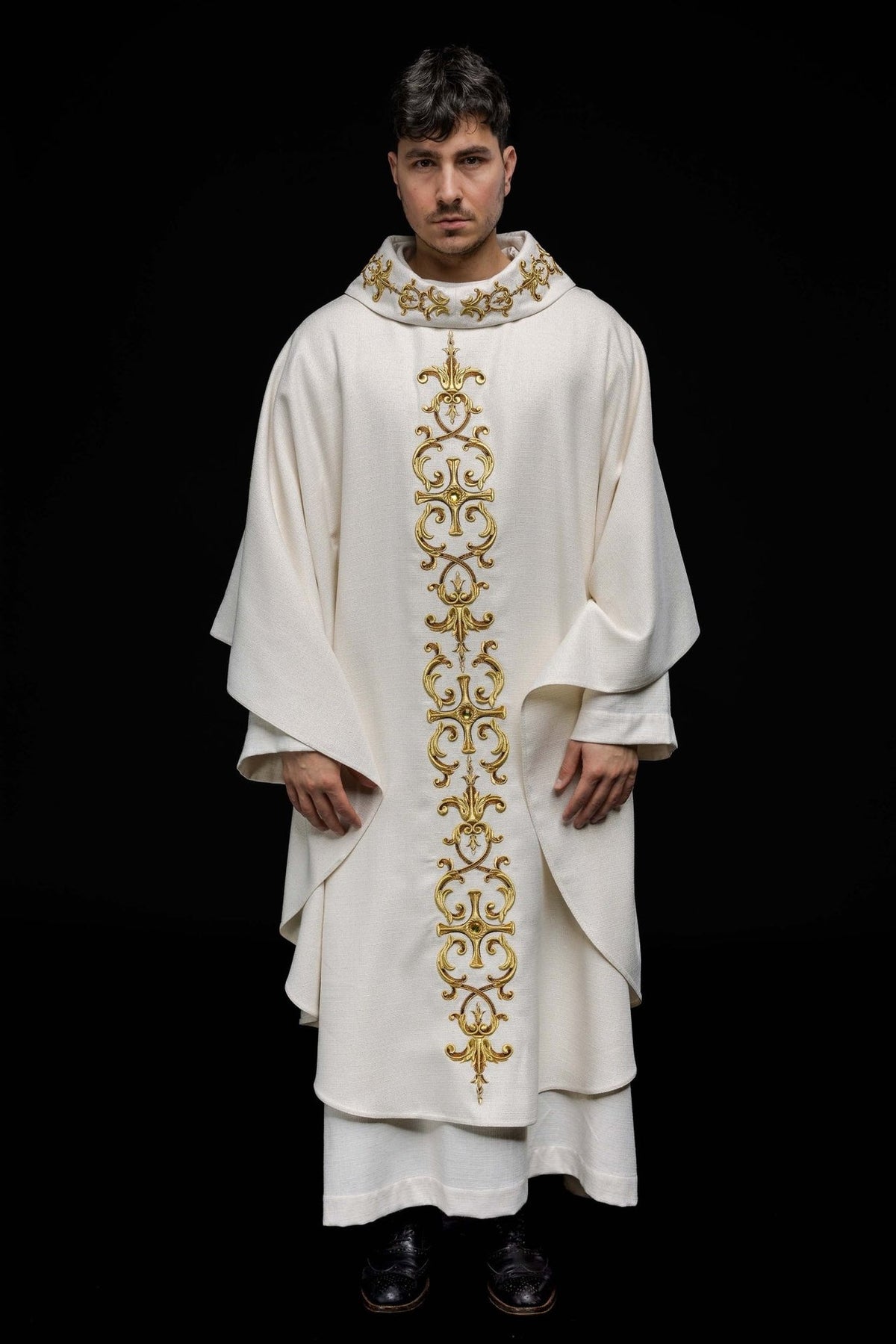 Catholic chasuble, full white front view with gold embroidery and stone accents