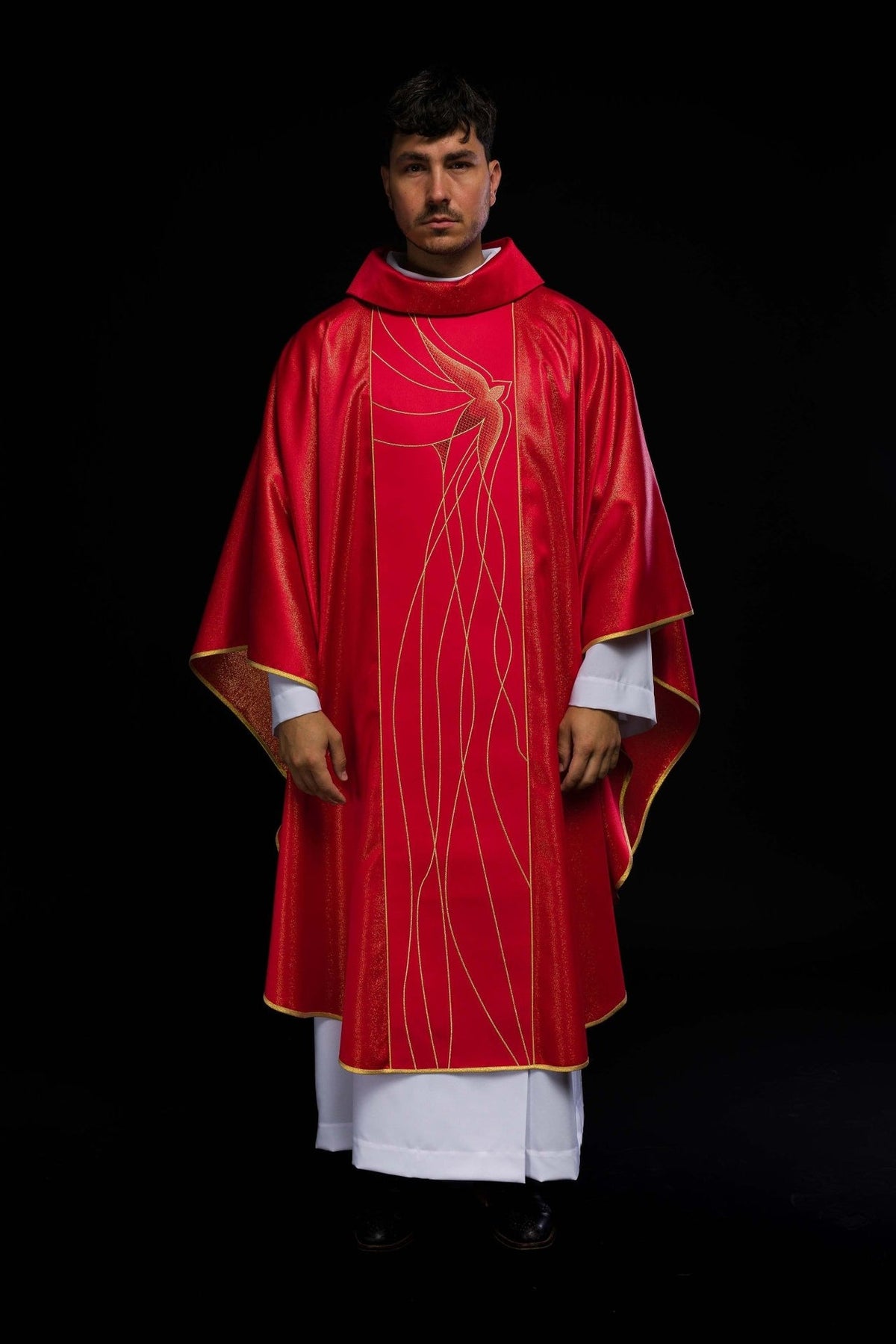 Red chasuble front view with Holy Spirit embroidery and gold edging