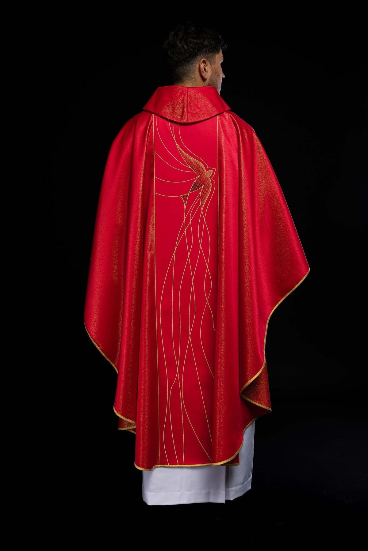 Red chasuble back showing full Holy Spirit embroidery design