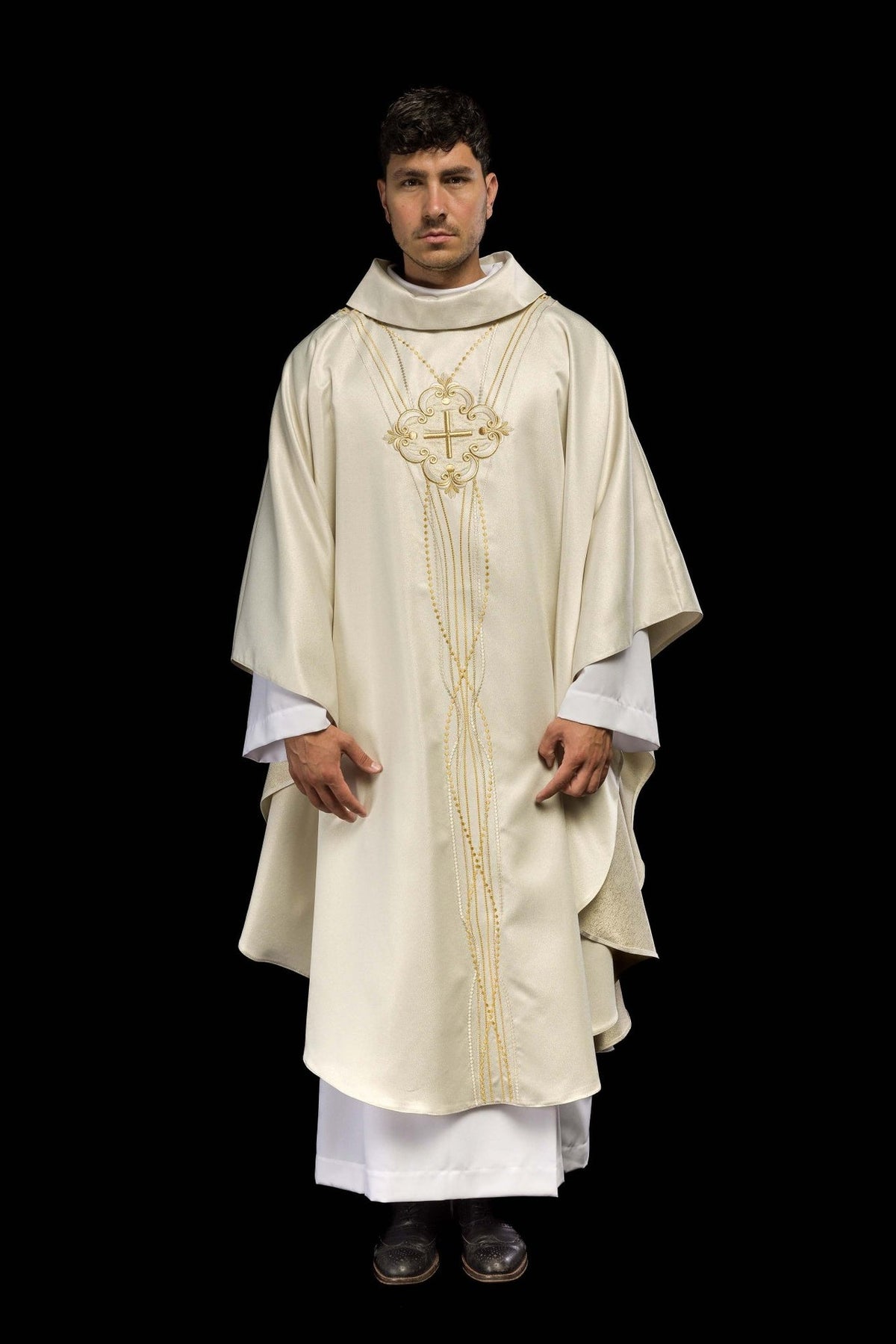 Ecru chasuble, full front view with stand-up collar and long rosary-inspired embroidery