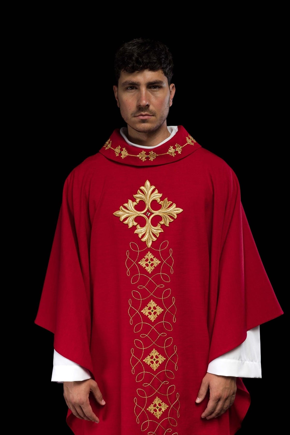 Red Chasuble with Rich Cord Embroidery and Stones, front view with gold cross and ornate embroidered motifs