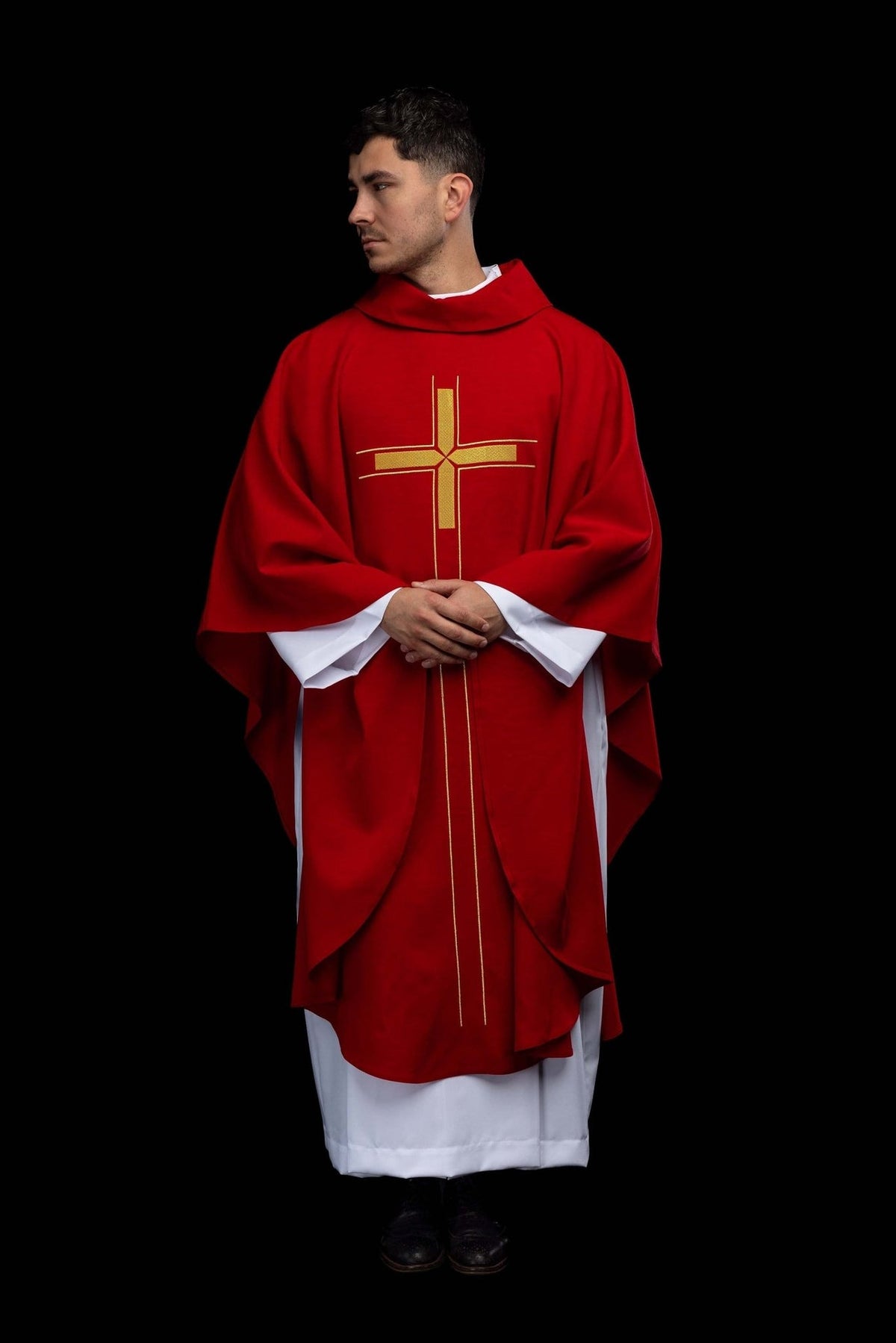 Red chasuble front view with stand-up collar and gold cross