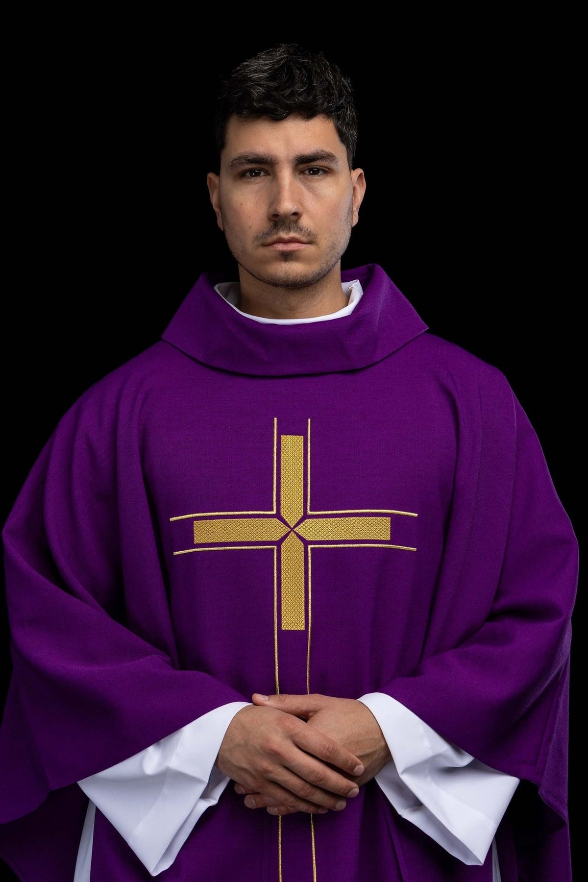 Purple Catholic Chasuble with Gold Cross Embroidery, front view with stand-up collar