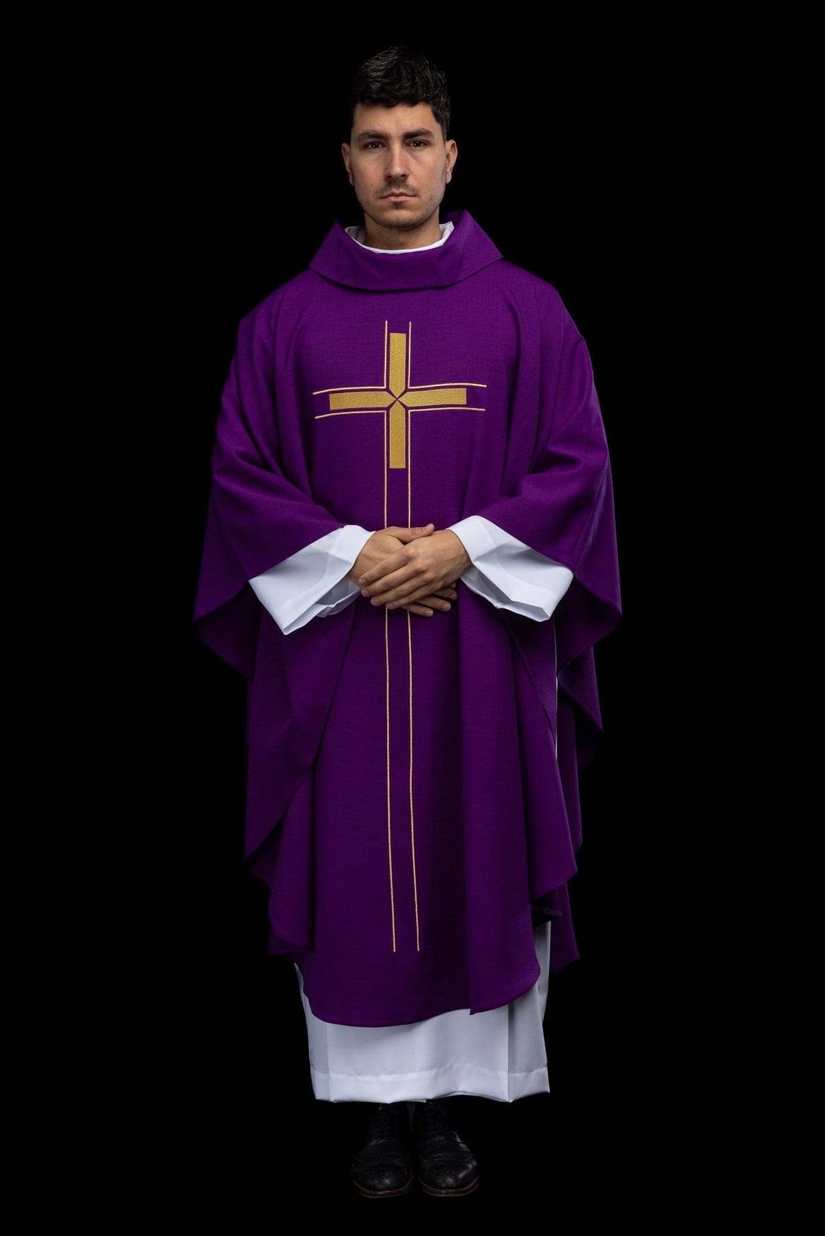 Purple chasuble front view with gold cross embroidery