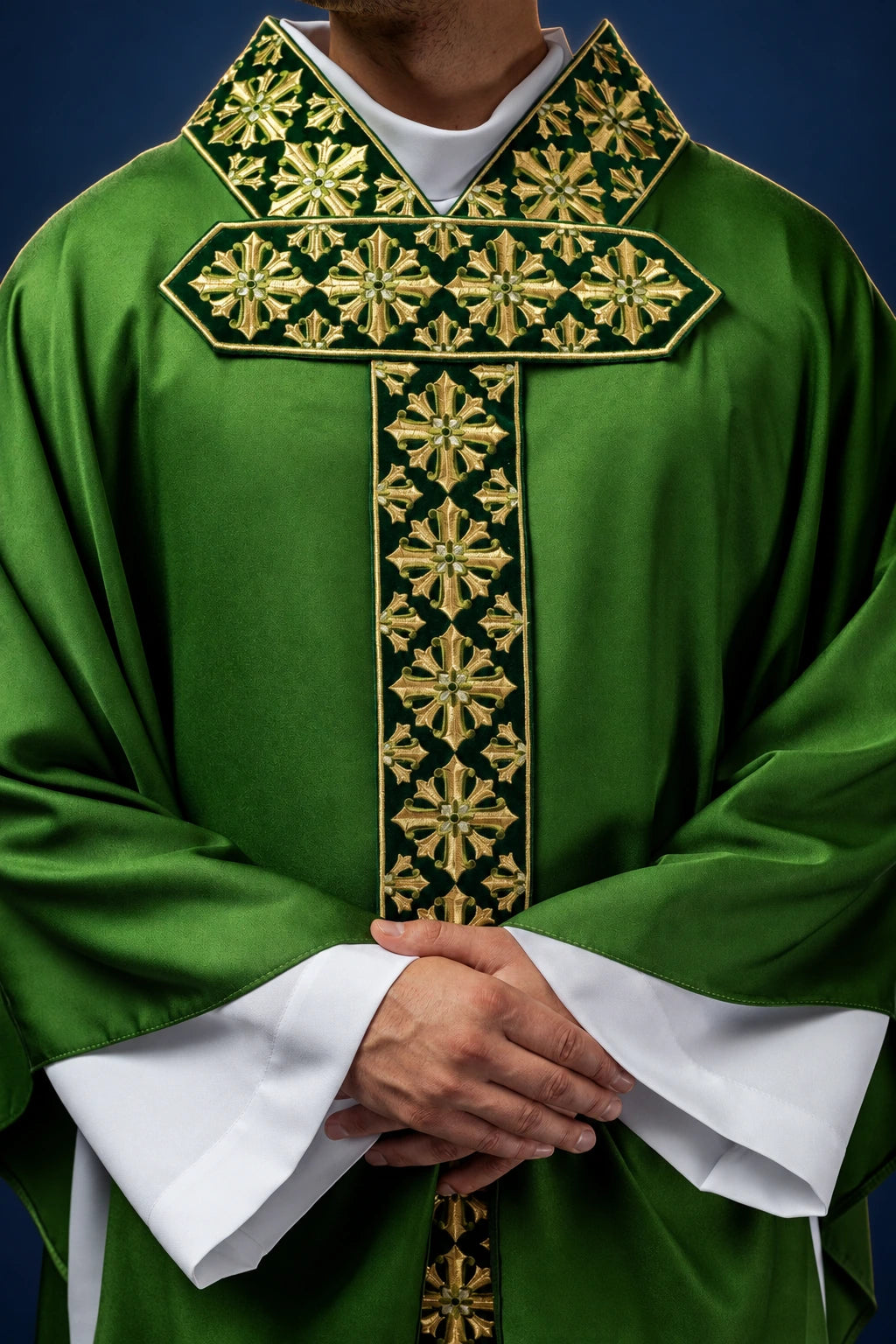 Chasuble with Shiny Green Embroidery, front view in green with gold cross embroidery