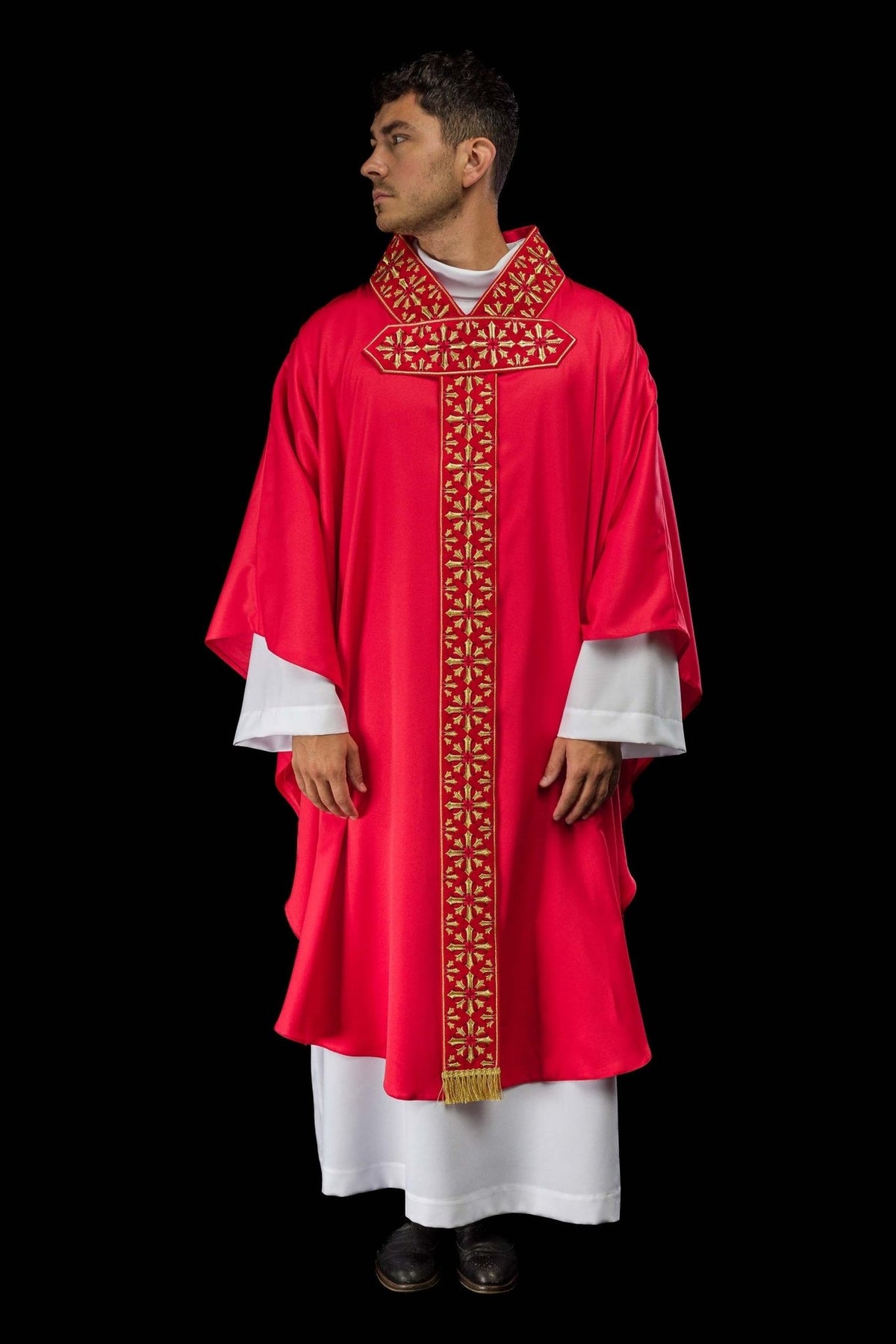 Red chasuble front view with gold cross embroidery and trim