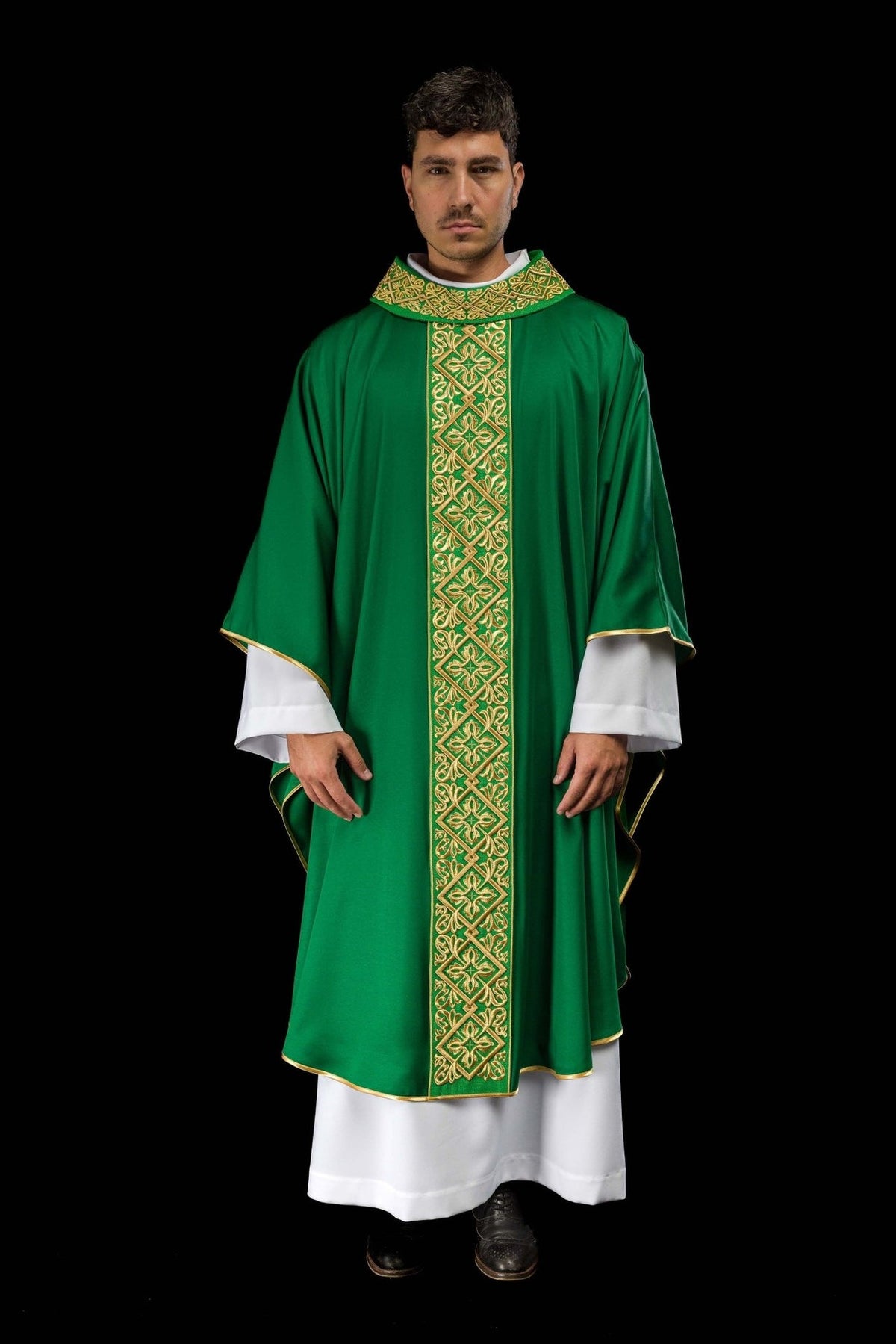 Green chasuble front view with gold floral embroidery and repeated crosses