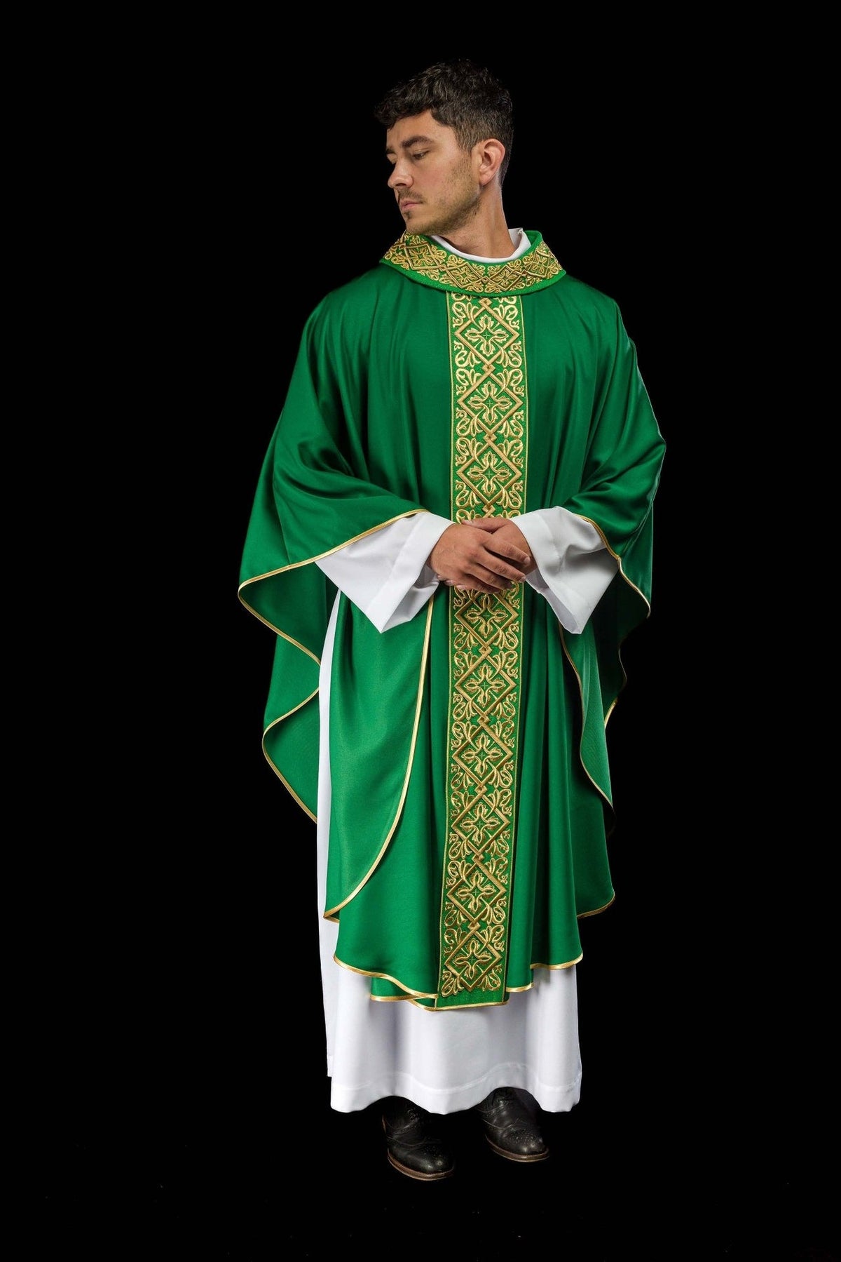 Green chasuble angled front view with gold embroidery and trim