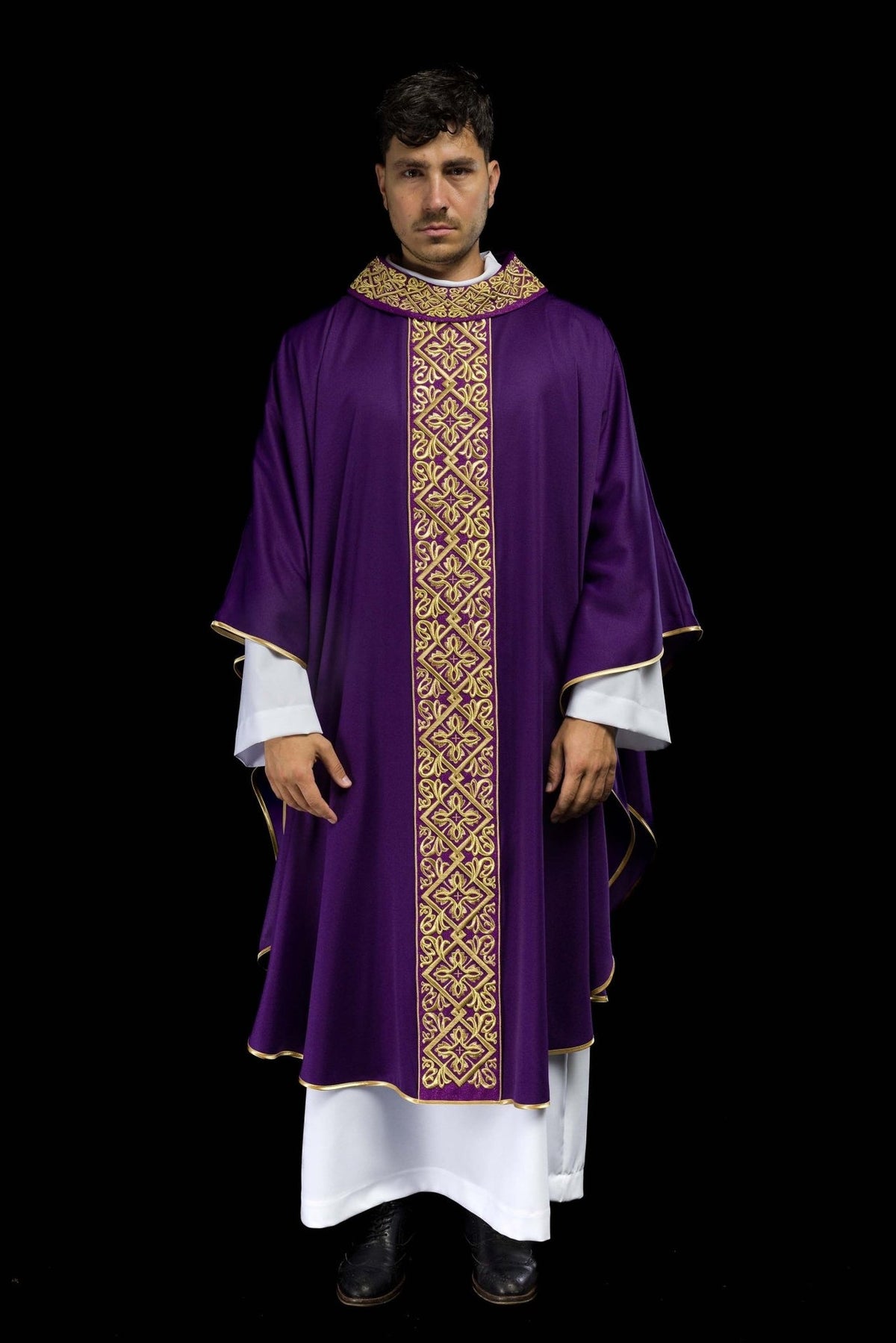 Purple chasuble, full front view with gold floral embroidery and cross motifs