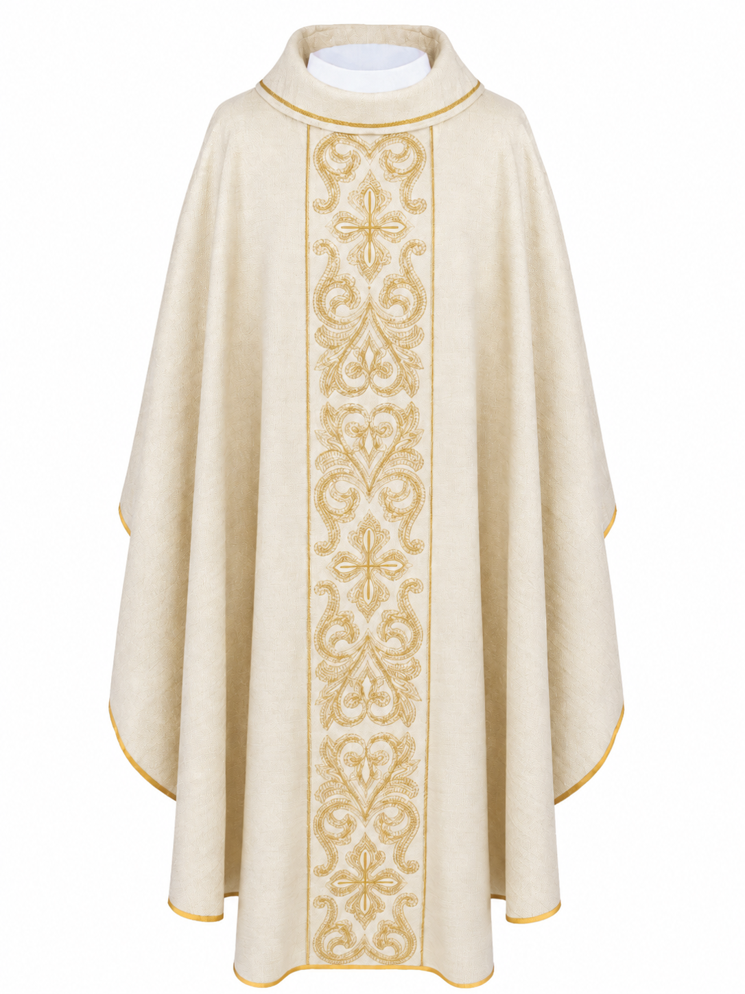 Richly Embroidered Chasuble with Crosses, Ecru, front view with gold embroidery and cross motifs