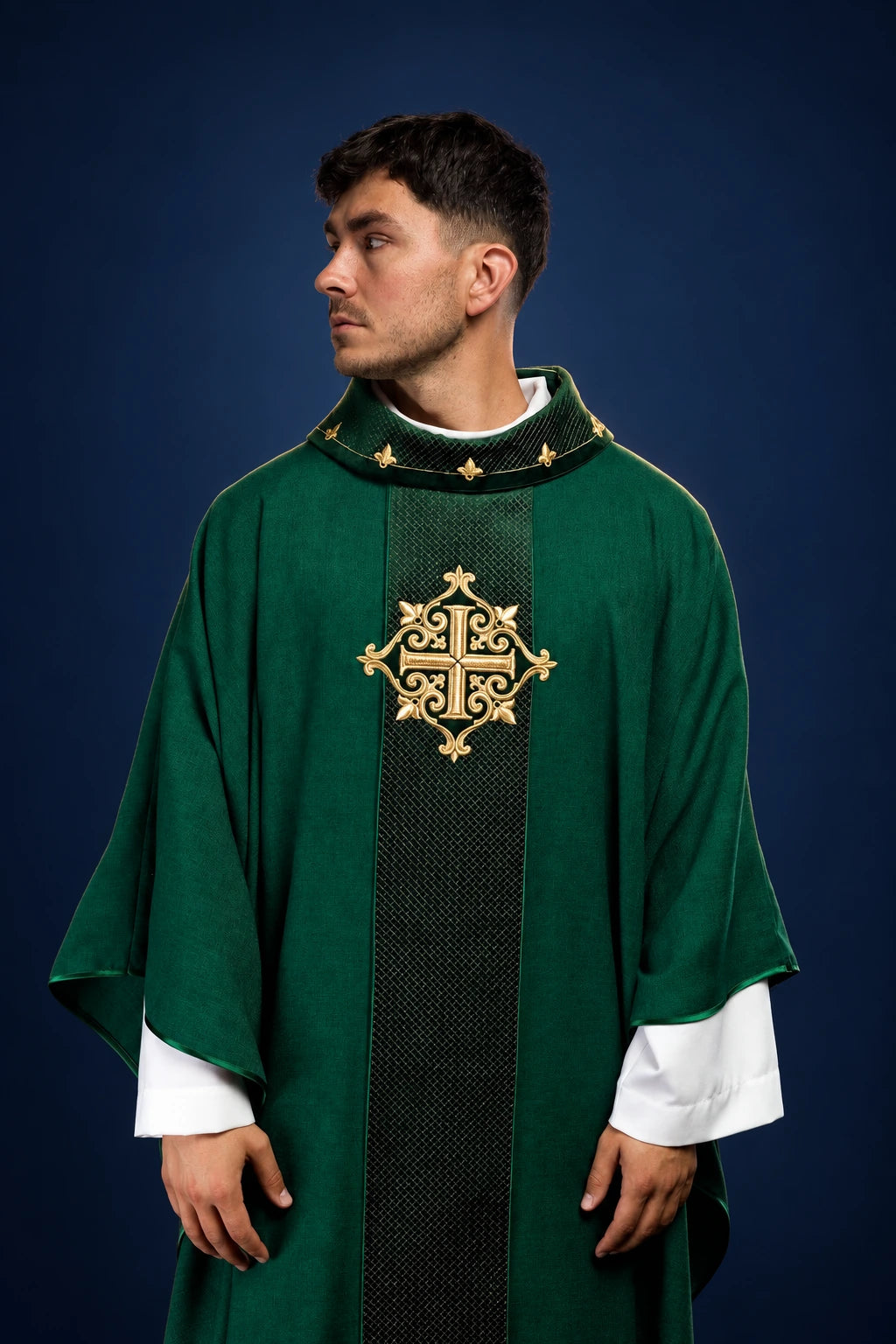 Embroidered Velvet Chasuble with Green Cross Symbol, front view in green velvet with gold embroidery