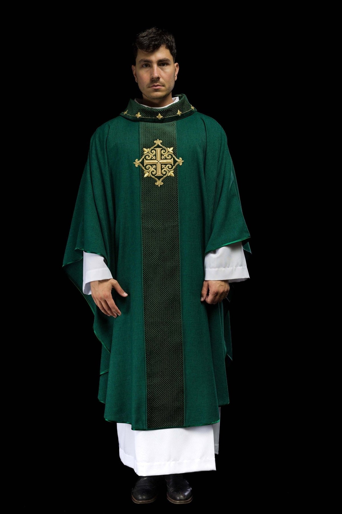 Green velvet chasuble, full front view with embroidered cross and stand-up collar