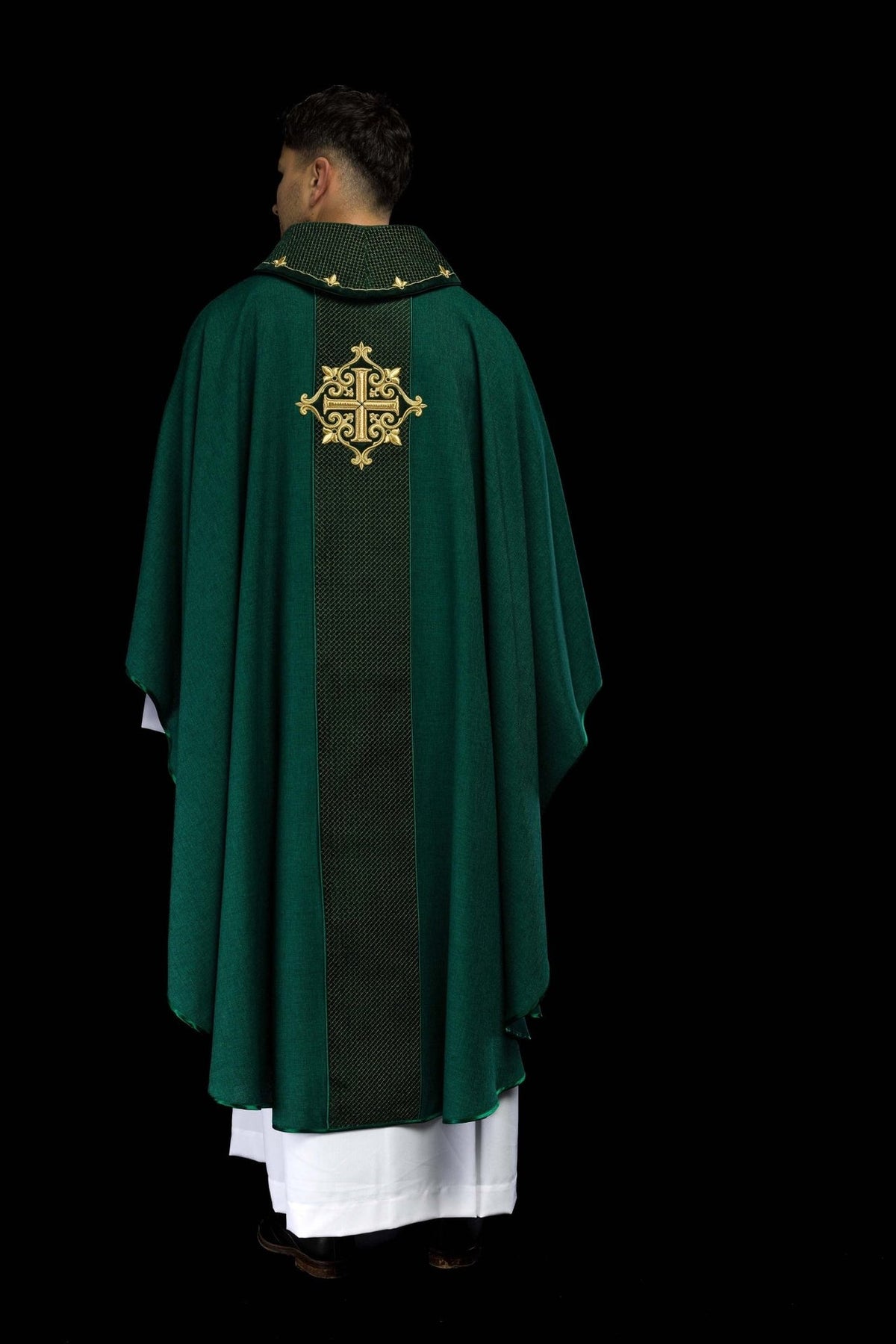 Green velvet chasuble full back view with embroidered cross and stand-up collar